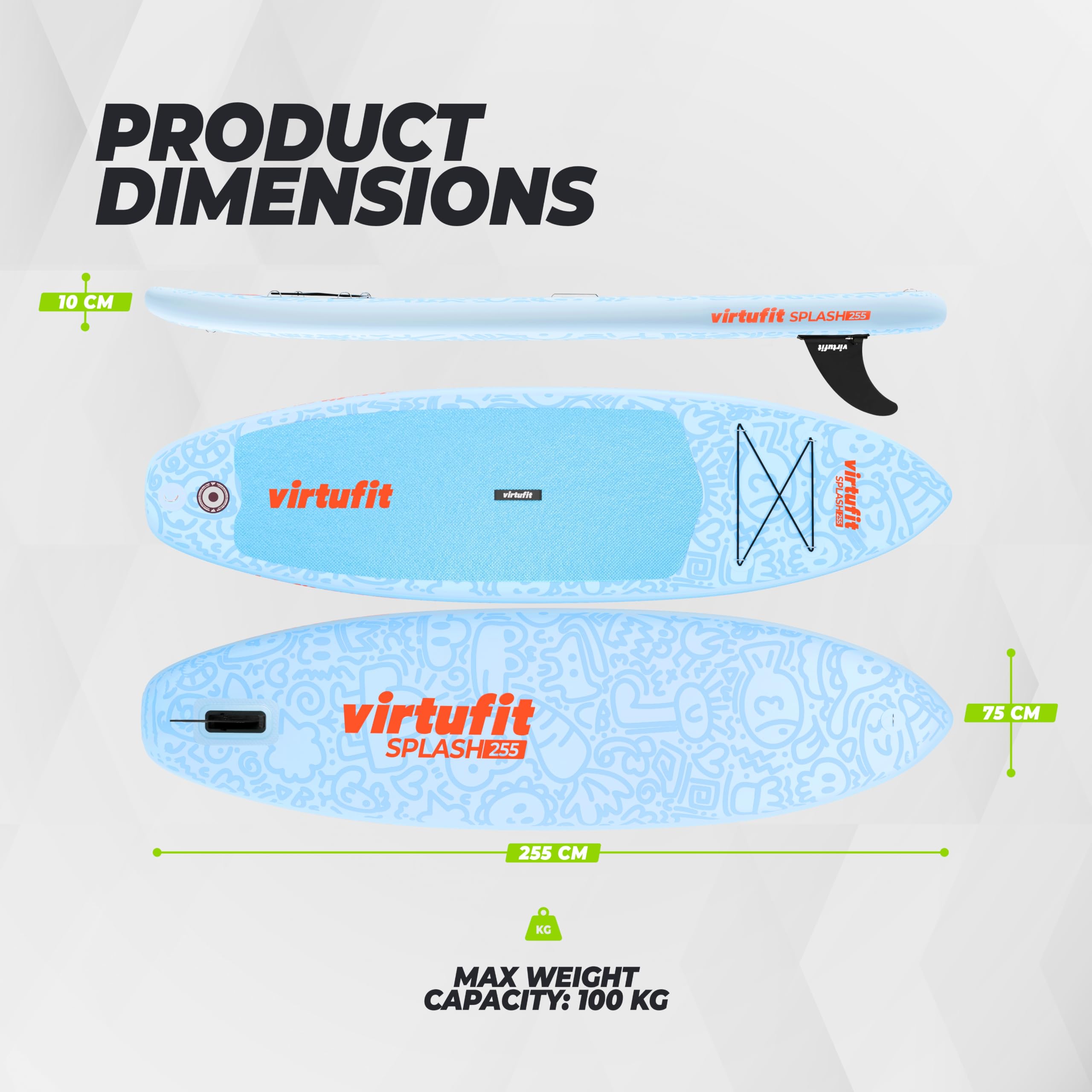 VirtuFit Splash - Tavola da SUP gonfiabile per bambini e adulti fino a 100 kg, 255 cm, con pagaia, pompa, guinzaglio, pinna e zaino