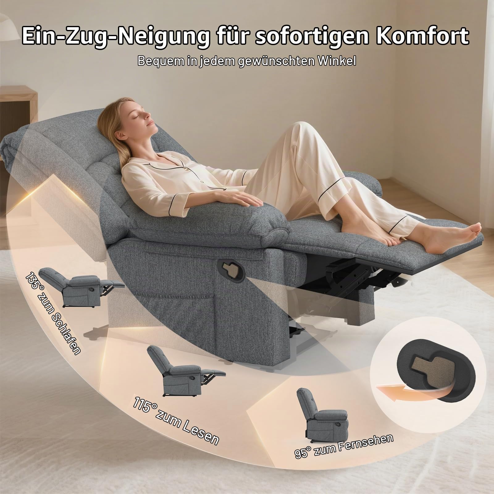 Fernsehsessel mit Verstellbar Fußtei， 8-Punkt-Massagefunktion und Wärmefunktion, Gepolsterten Armlehnen und 2 Seitentaschen, Manuell Relaxsessel mit Liegefunktion, TV Sessel für Erwachsene