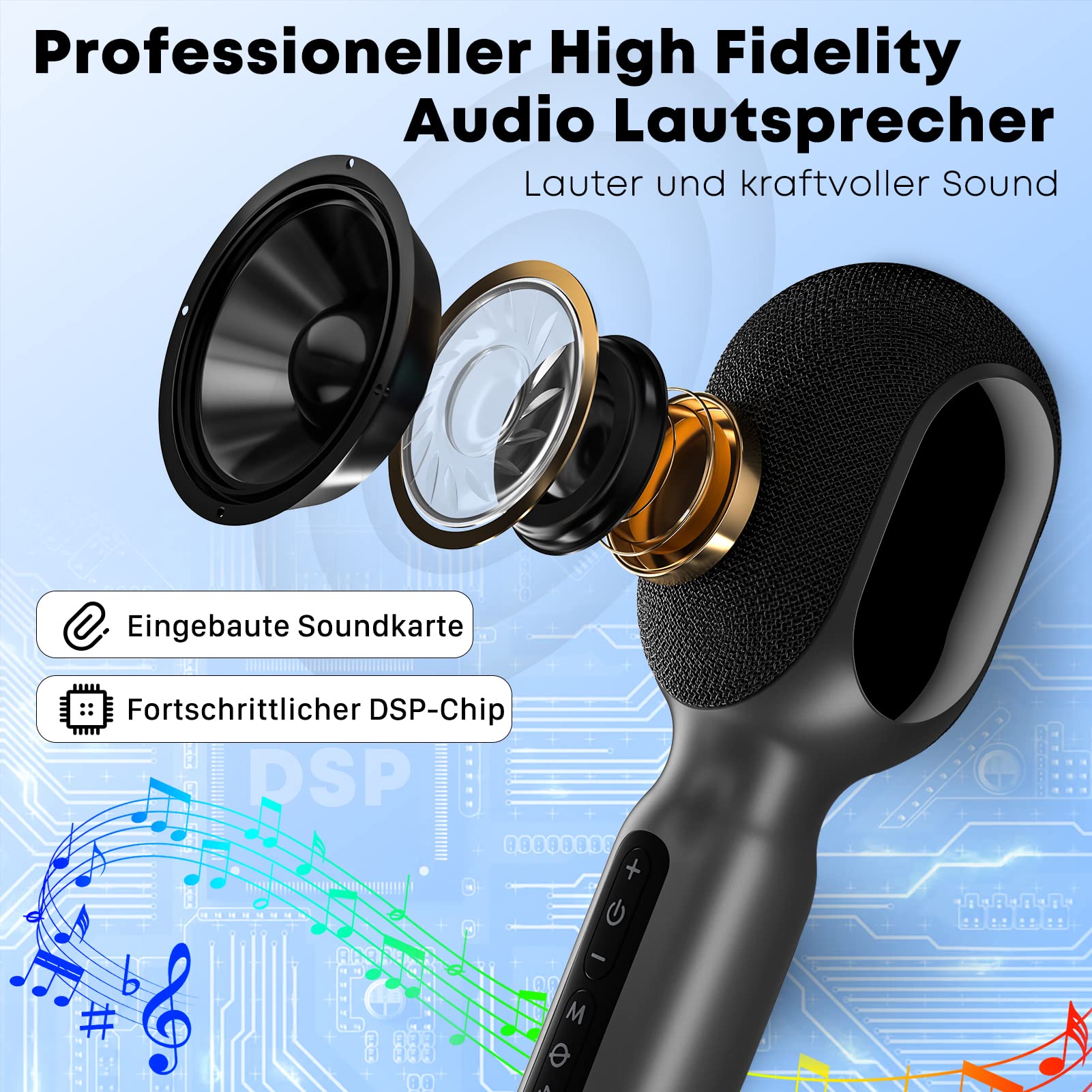 StageSound Karaoke Mikrofon mit Bluetooth, Handmikrofon mit Vocal-Cancel Funktion, HD-Sound & LED-Lichteffekte, Aufnahmefunktion, FM/AUX Verbindung, 4 Stimm-Modi, für Erwachsene & Kinder