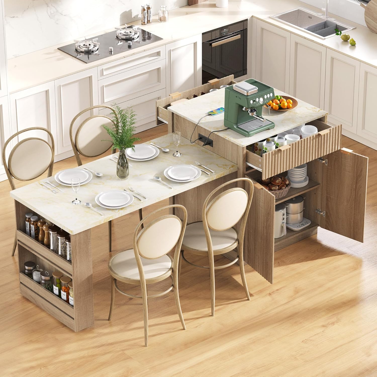 82.6" Fluted Kitchen Island with Extendable Dining Table for 4-6, Island Table for Kitchen with Power Outlet, Kitchen Table with Double-Side Storage, 2 Drawers 2 Side Open Shelves (White)