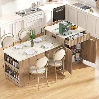 Merax 82.6" Fluted Kitchen Island with Extendable Dining Table for 4-6, Island Table for Kitchen with Power Outlet, Kitchen Table with Double-Side Storage, 2 Drawers 2 Side Open Shelves, Natural