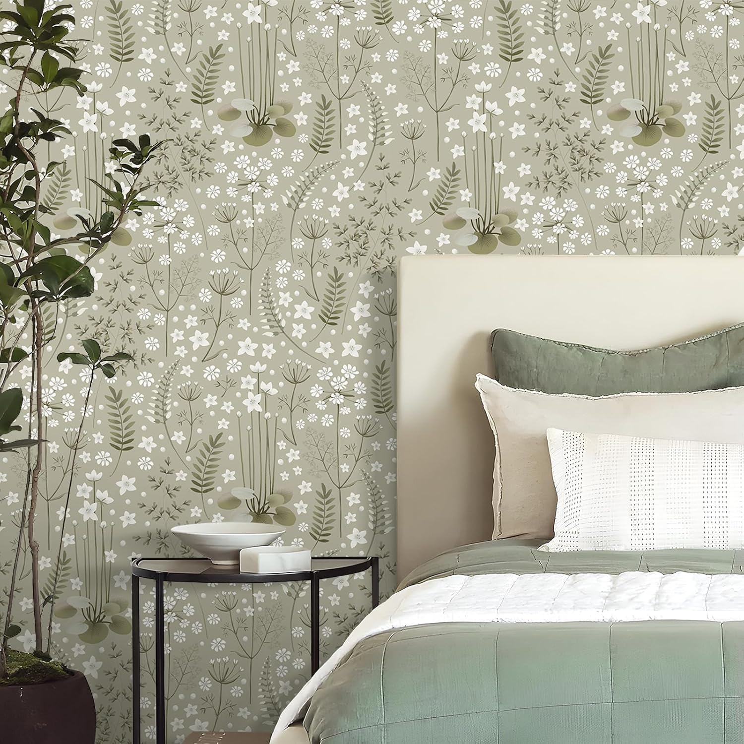 Sage Green Wallpaper Peel and Stick Floral Wallpaper for Bedroom Green Leaves Wildflowers Fern Botanical Wall Paper Removable Self Adhesive Floral Contact Paper for Cabinets and Drawers 17.5x80