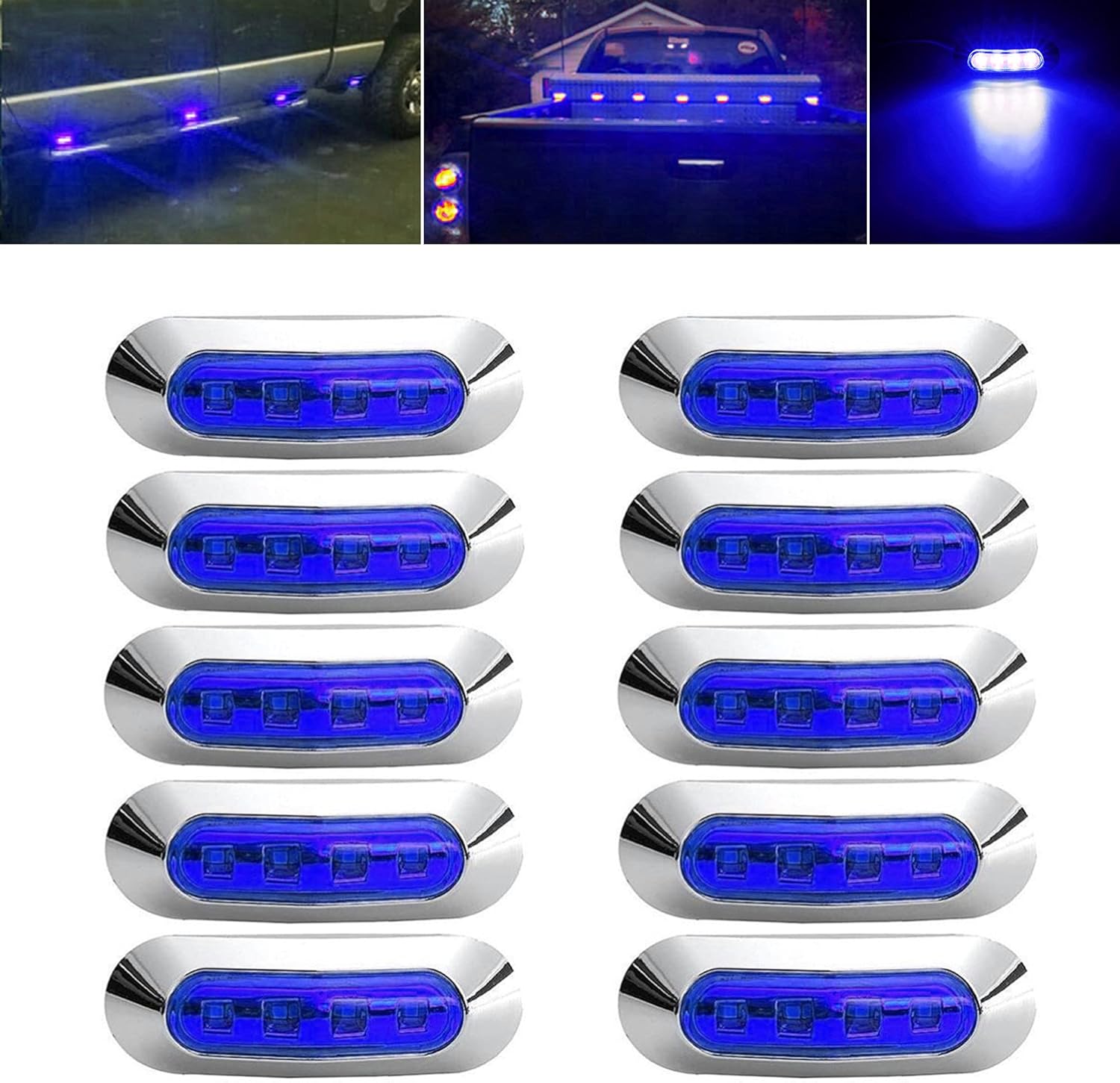 10Pcs Blue 4 LED Side Marker Lights Front Rear Interior Clearance Tail Light Warning Turn Indicators Underglow Wheel Rock Lamp for Auto Truck Trailer Tail Car RV Camper Boat ATV DC12V-24V