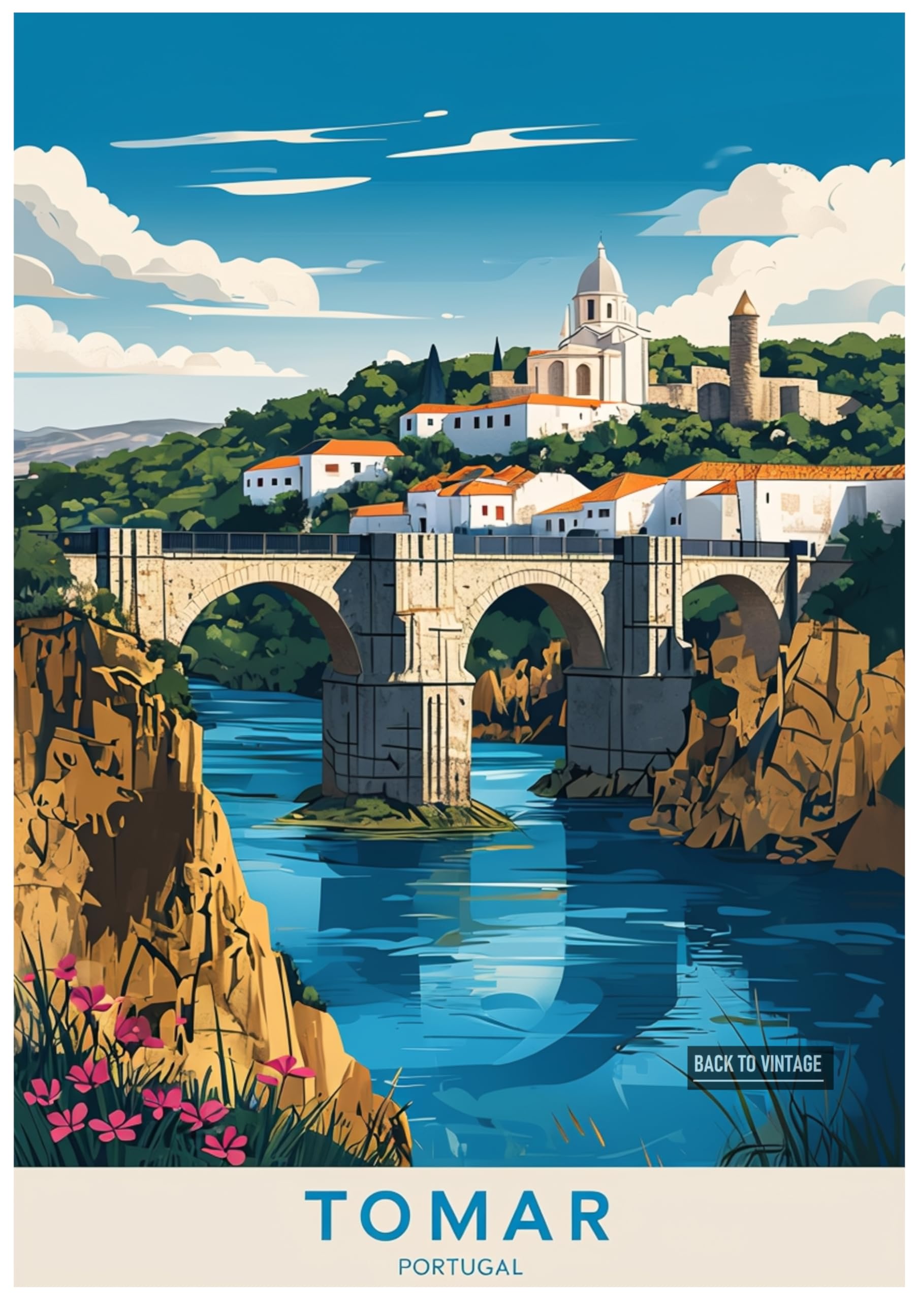 Back To Vintage Multicoloured Vintage Travel Poster Illustration Of Picturesque Tomar Portugal - Retro Europe Travel Poster A4 Size Vintage Wall Art Print Of Famous European Destinations Ideal For Home Or Office Decor