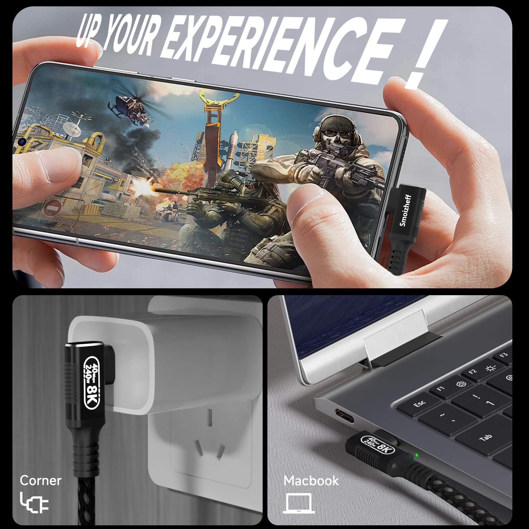 2 m/2 m ad angolo retto di 90 gradi per una portata estesa e una configurazione ordinata, cavo Thunderbolt 4 USB-C, trasferimento dati 40 Gbps, ricarica PD 240 W, uscita video 8K, compatibile con