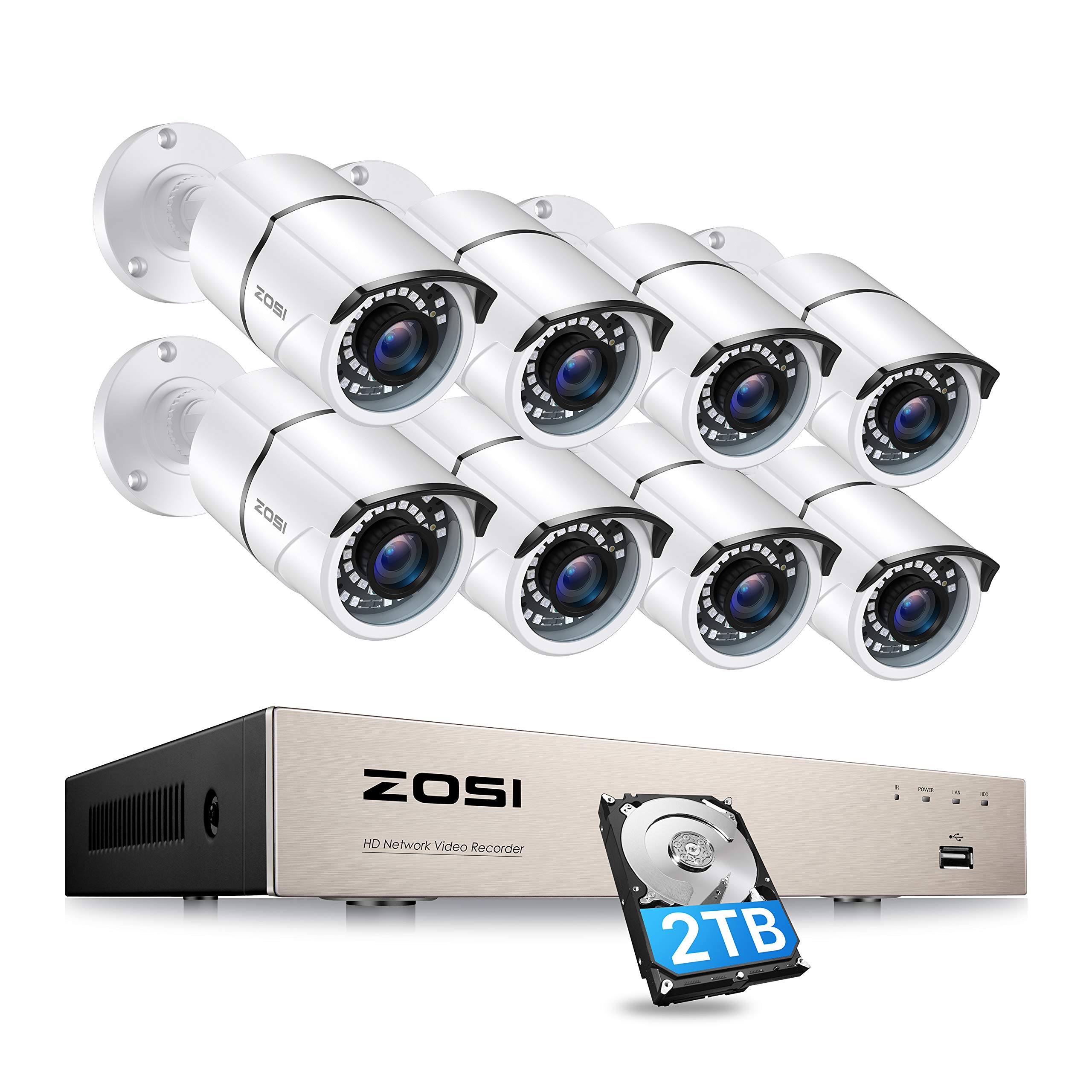 ZOSI 8CH 5MP PoE Home Security Cameras System with 2TB Hard Drive,H.265+ 5MP 8-Channel NVR Security System and 8pcs Wired ...