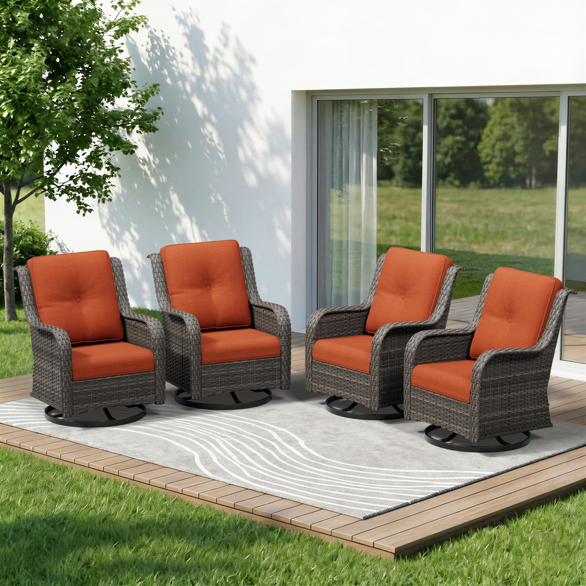 4 Piece Outdoor Swivel Rocker Patio Chairs Set, Patio Chairs Set of 4 with Thickened Olefin Cushions, High Back and Deep Seating, Hand-Woven PE Rattan for Porch, Deck, Orange