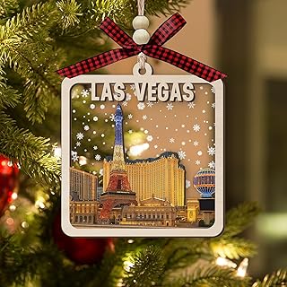 Las Vegas Wooden Christmas Ornament, 2-Layer Wood and Acrylic Skyline Decoration with Paris Hotel Eiffel Tower and Snowy Winter Scene, Holiday Souvenir Gift for Travelers