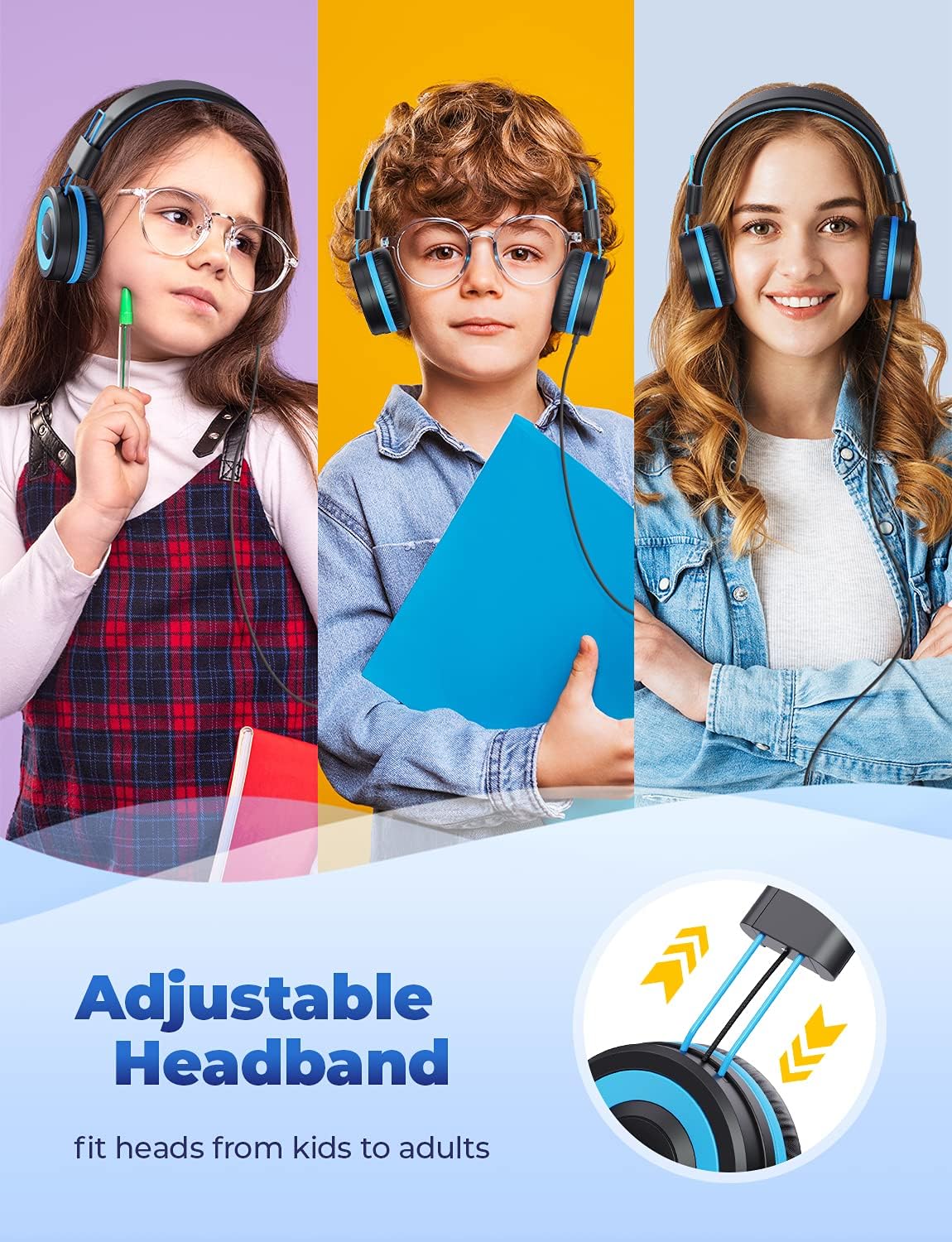 iClever HS14 Kids Headphones, Headphones for Kids with 94dB Volume Limited for Boys Girls, Adjustable Headband, Foldable, Child Headphones on Ear for Study Tablet Airplane School, Black, Blue : Electronics