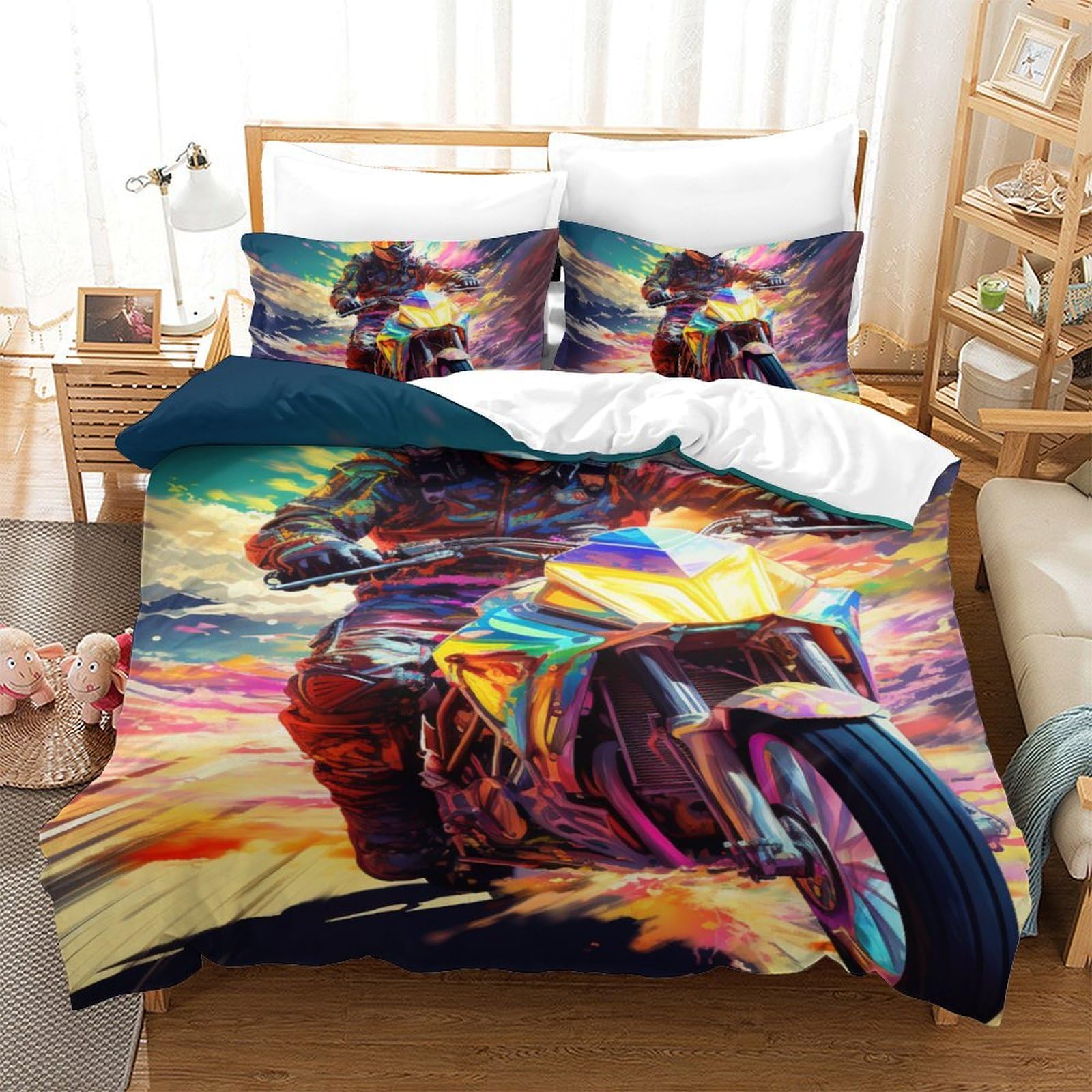 Housse de couette moto 140x200cm anti-plis en microfibre, parure de lit 3 pièces facile à laver