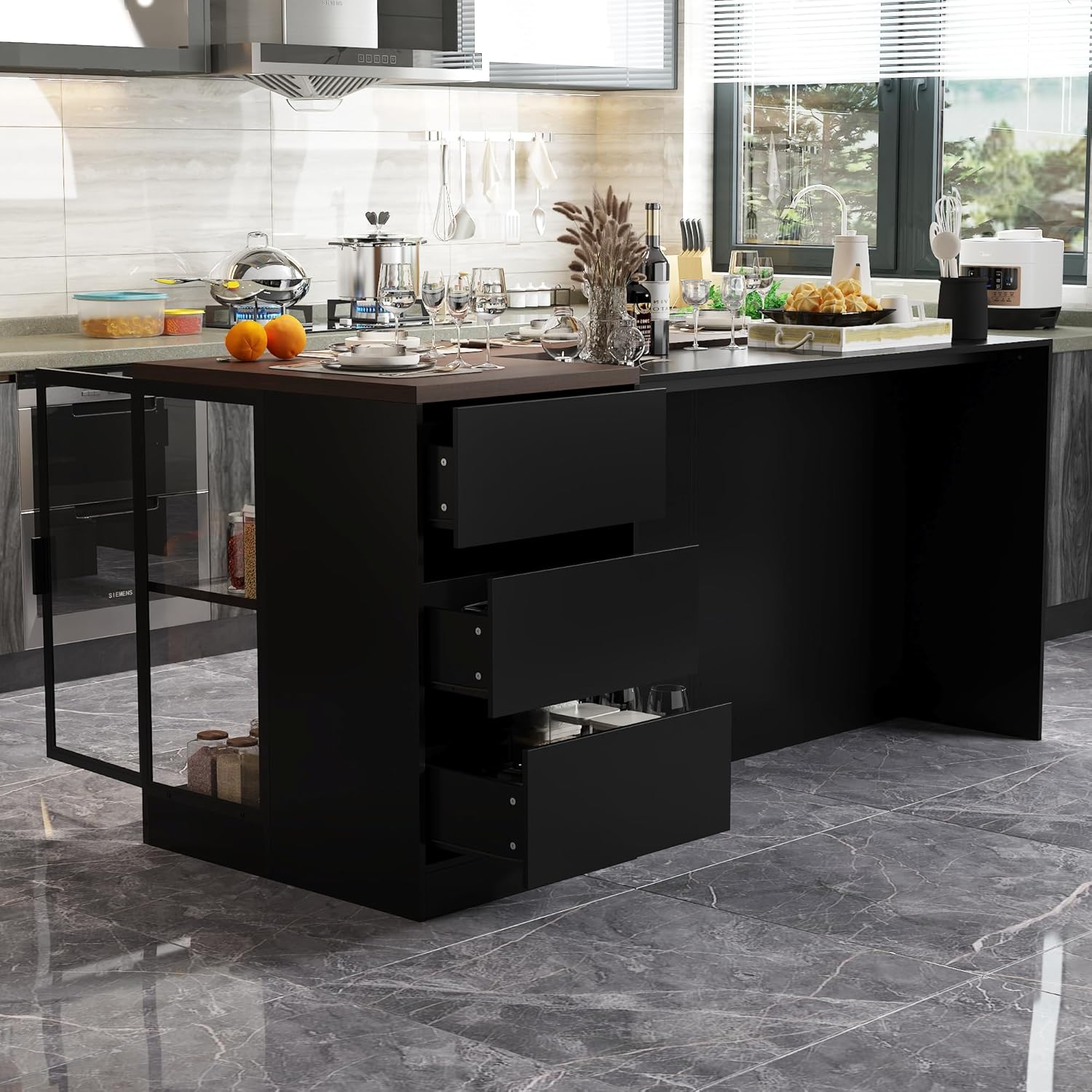 77.6" W Large Kitchen Island with Storage & 3-Color Light, Island Table with Glass Doors, Adjustable Shelf and Drawers for Kitchen Dining Room, Black & Brown Wood Grain