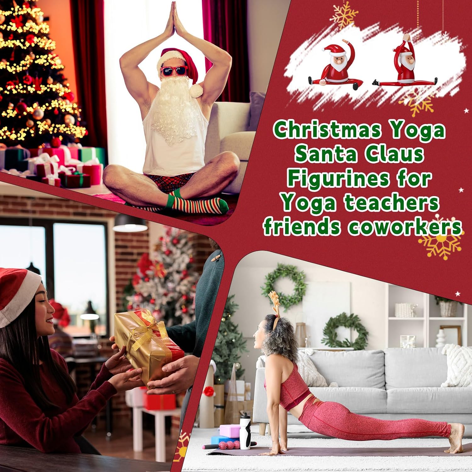 2 Pcs Christmas Mini Santa Claus Decorations Glass Yoga Santa Figurines Ornament Funny Christmas Table Sign for Employee Home Office Tabletop Desk Computer Monitor Gift