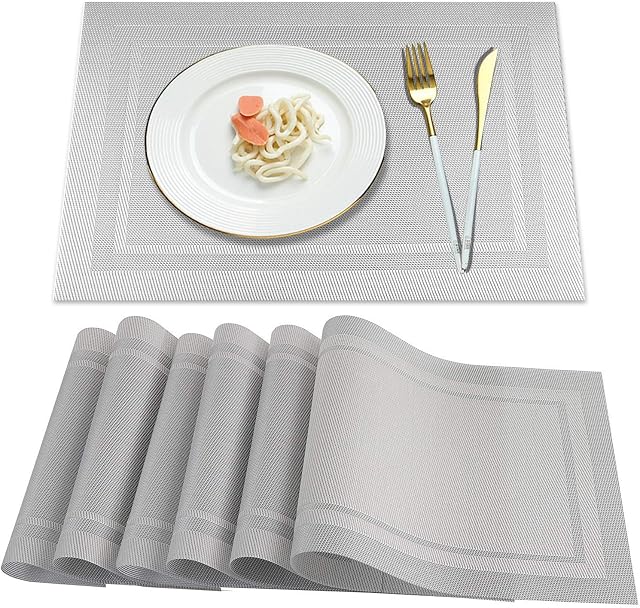 ZhengYue Placemats Sets of 6,Washable Heat Resistant Dining Table Mats, Crossweave Woven Vinyl PVC Non slip Place Mat,45CMx30CM Grey