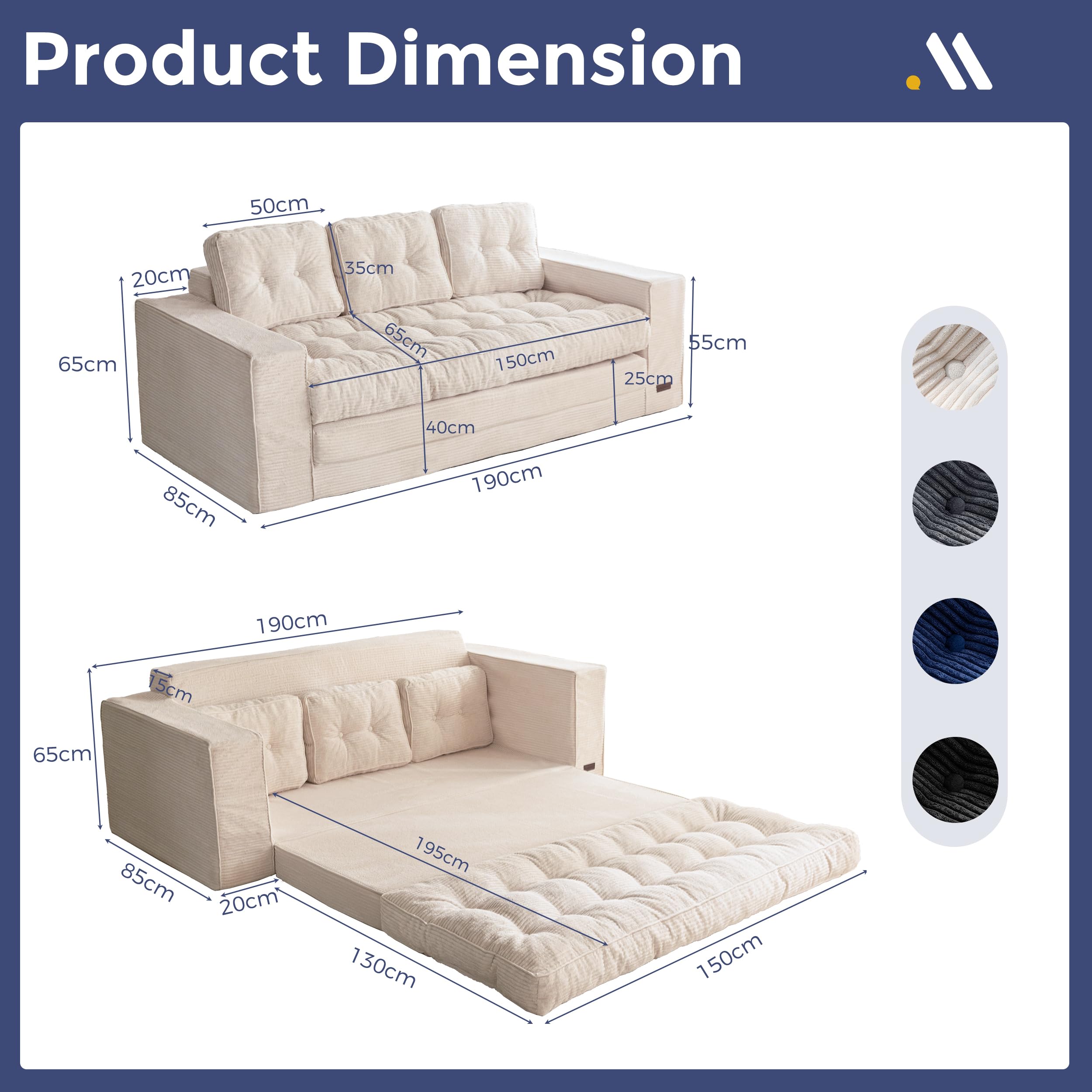 MAXYOYO Bodensofa Schlafsofa 190cm Breit mit Kissen, 2-in-1 Klappbar Cord Sofa 3 Sitzer mit Schlaffunktion, Liegefläche 101x196CM für Wohnzimmer, Schlafzimmer, Lounge | Ausziehbares Schlafsofa mit 2 Kissen, bequemes 2-in-1-Schlafsofa 3-Sitzer, 190x85 cm,