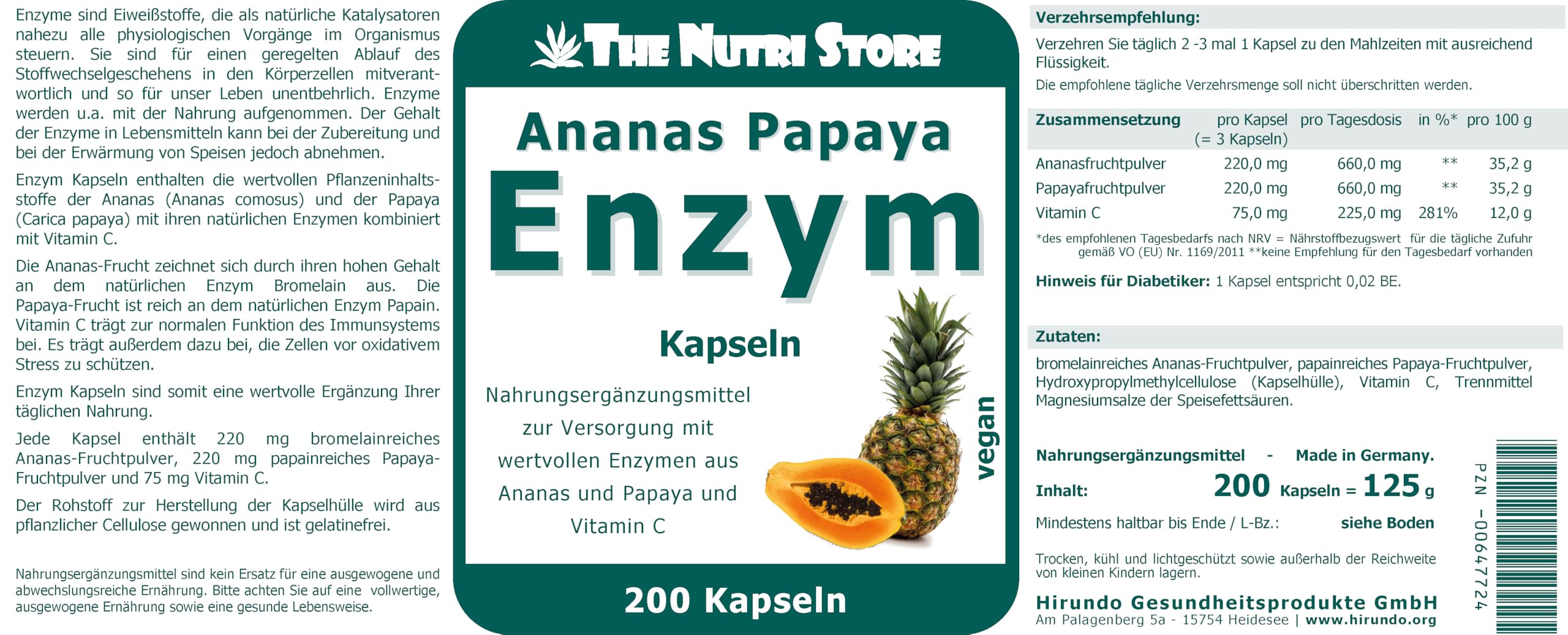 Enzym Kapseln 200 Stk. - Nahrungsergänzungsmittel zur Versorgung mit wertvollen Enzymen aus Ananas und Papaya und Vitamin C