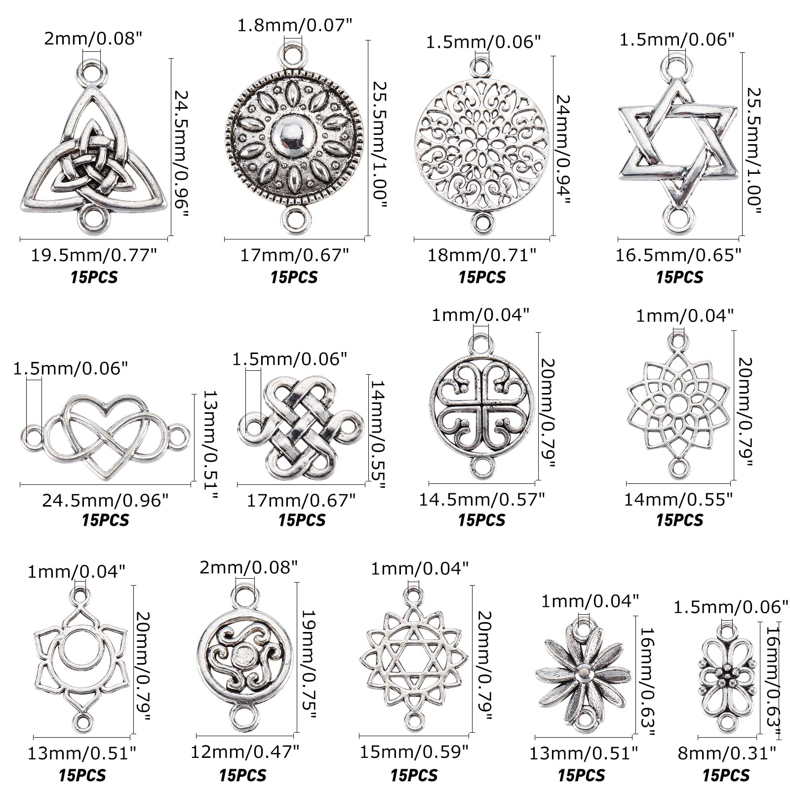 PH PandaHall 195pz Filigrana Connettori per Gioielli Fai Da Te 13 Stili Connettori Forma di Fiore in Tibetana Lega Argento Antico Ciondolo Charms per Creazione di Collana Bracciali Orecchini