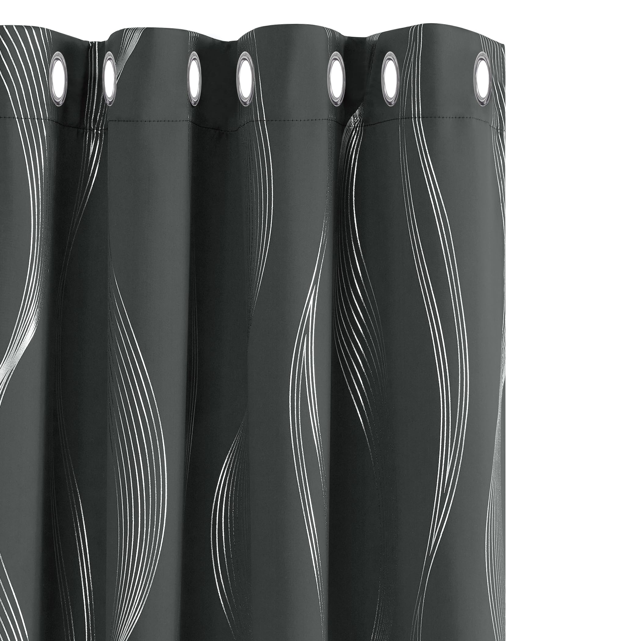 Deconovo Dark Grey Thermal Curtains Silver Wave Line Foil Printed Blackout Curtains Thermal Insulated Eyelet Curtains For Bedroom 52 X 54 Inch 2 Panels
