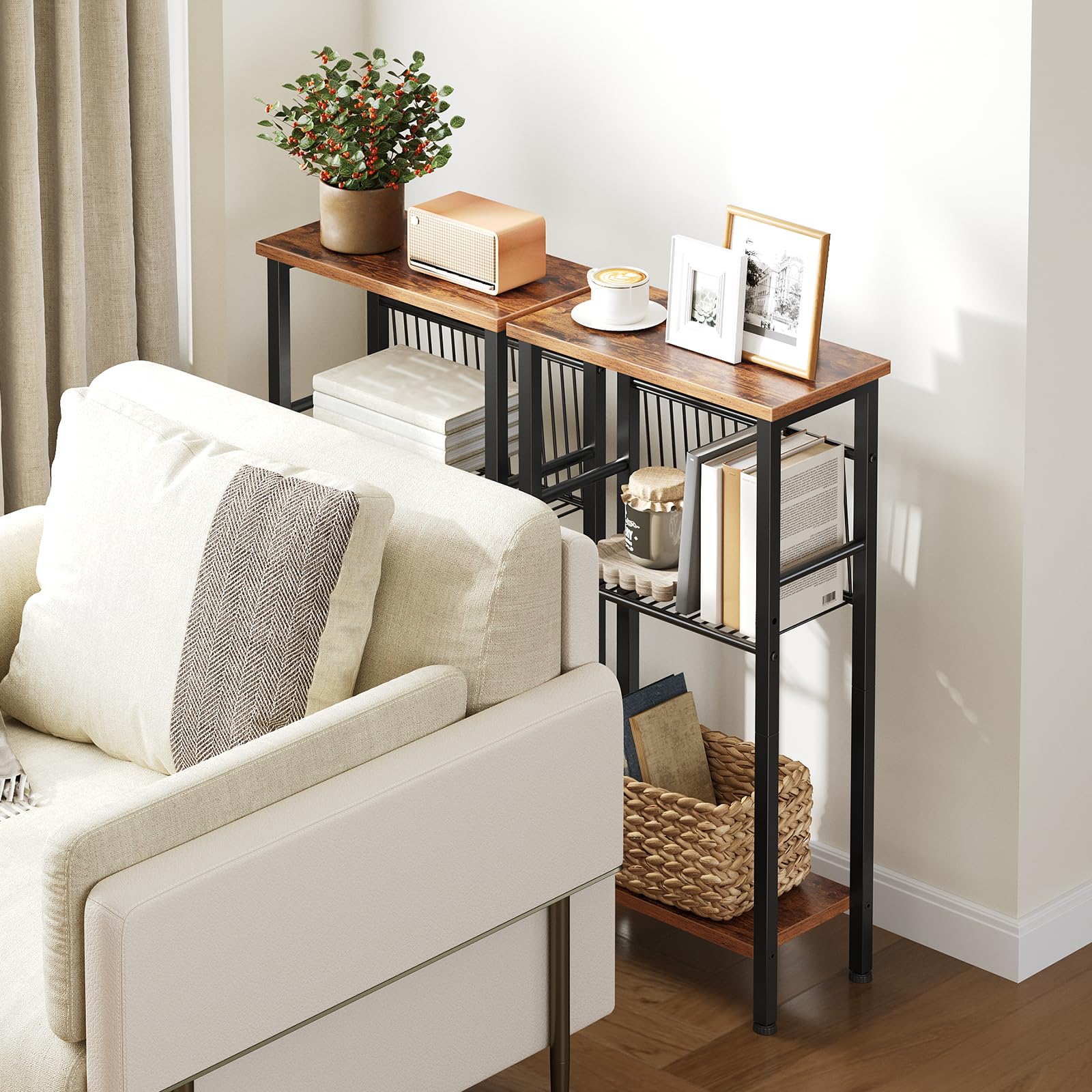 HOOBRO Console Haute et Étroite à 3 Niveaux de 40 cm, Étagère Ouverte, Étagère Réglable en Filet, Pieds Réglables, Anti-Basculement, pour Couloir, Salon, Canapé, Marron Rustique et Noir EBF41XG01