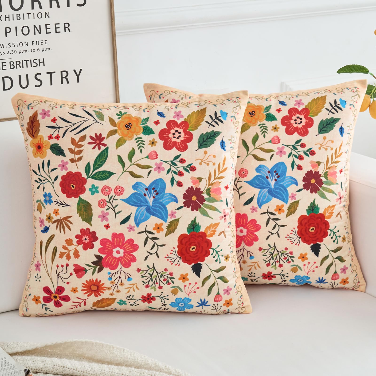HZYKDWD Floral Pillow Covers 45x45 cm Set of 2,Beige Farmhouse Floral Pillow Covers Decor Double Sided Pattern Cushion Cover Soft Pillow Case Living Sofa Room Bed Porch Patio Square Pillow Cover