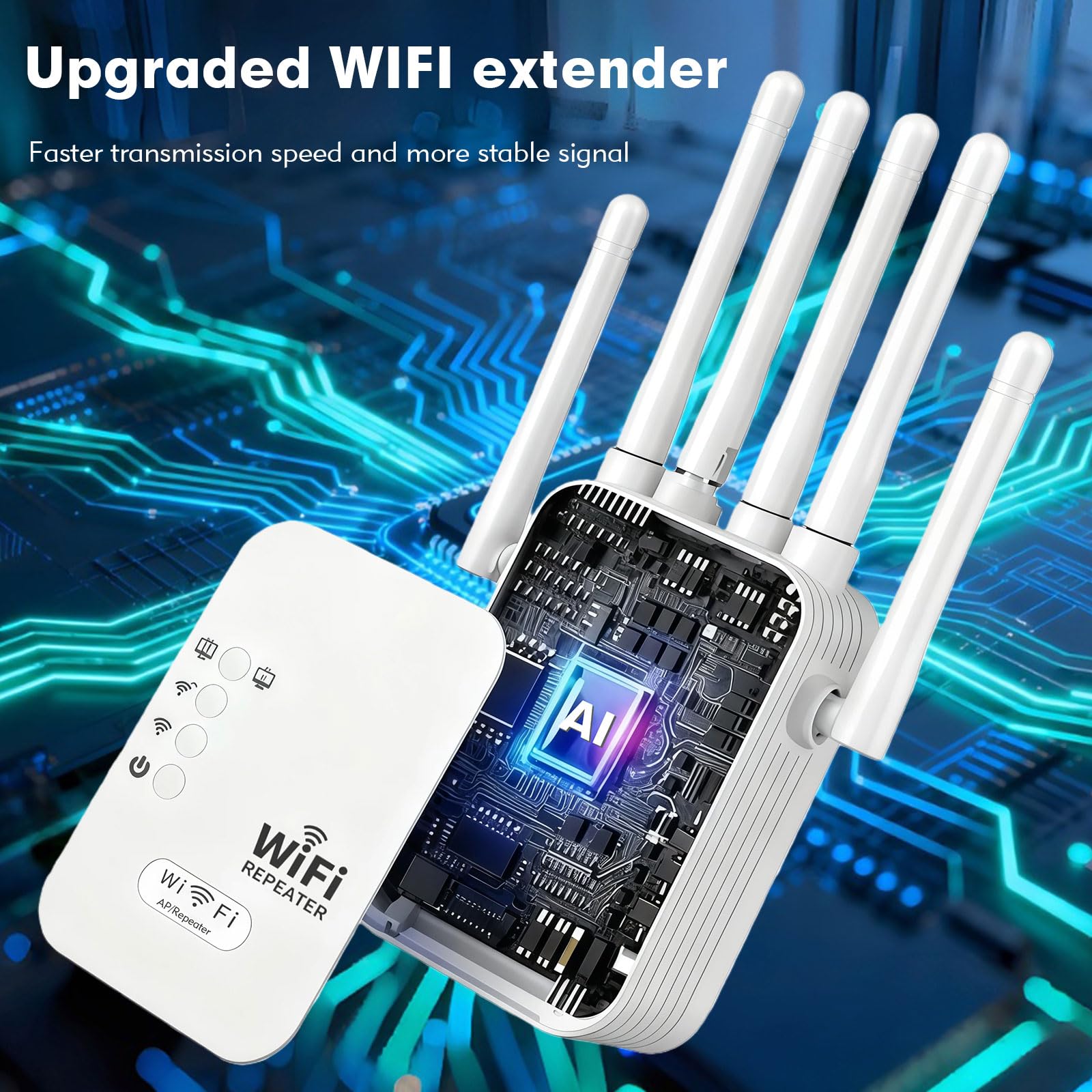 Repetidor WiFi para el hogar, cobertura de 9.800 pies cuadrados, modo repetidor/AP, 6 antenas, puerto Ethernet, WPA2, soporta más de 150 dispositivos, color blanco