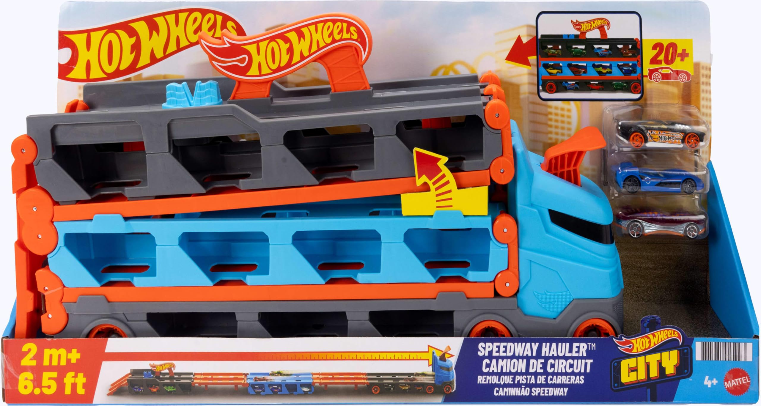 Hot Wheels 2:1 Autorennbahn zu Transporter, inkl. 3 Spielzeugautos, mit Doppelstarter, Auslösefunktion und Weiche, Platz für 20 Autos, Spielzeug ab 4 Jahre, GVG37