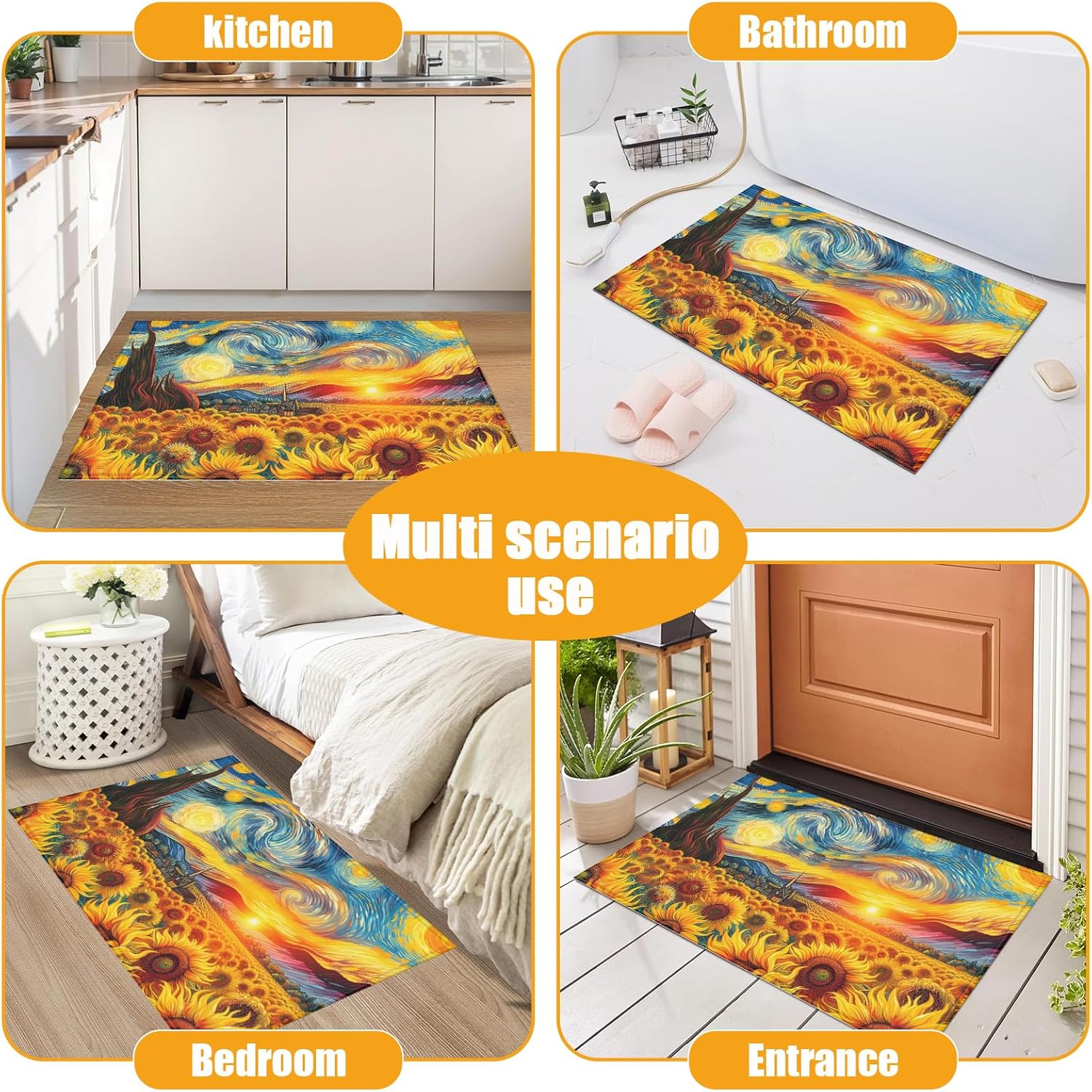 Sunflower Starry Night Bath Mat for Bathroom,Van Gogh Washable Door Mat Absorbent Bath Rug Non-Slip Floor Rug Carpets,for Kitchen Bedroom Indoor