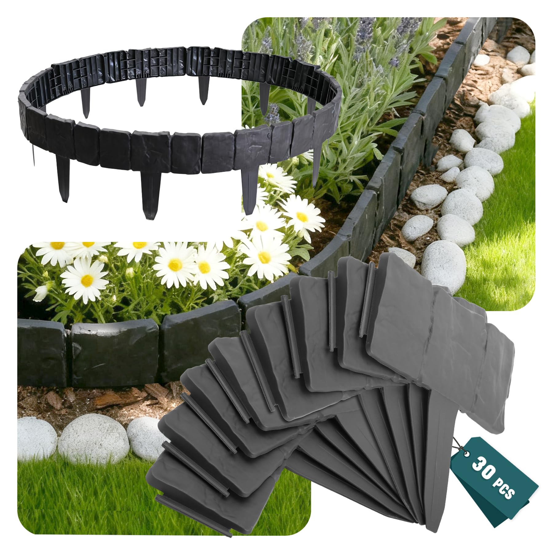 VOUNOT® 30 x Garden Edge Border Cobbled Stone Effect, Durable Garden Lawn Fence Landscape Edging, In 7.5 Meter, Grey