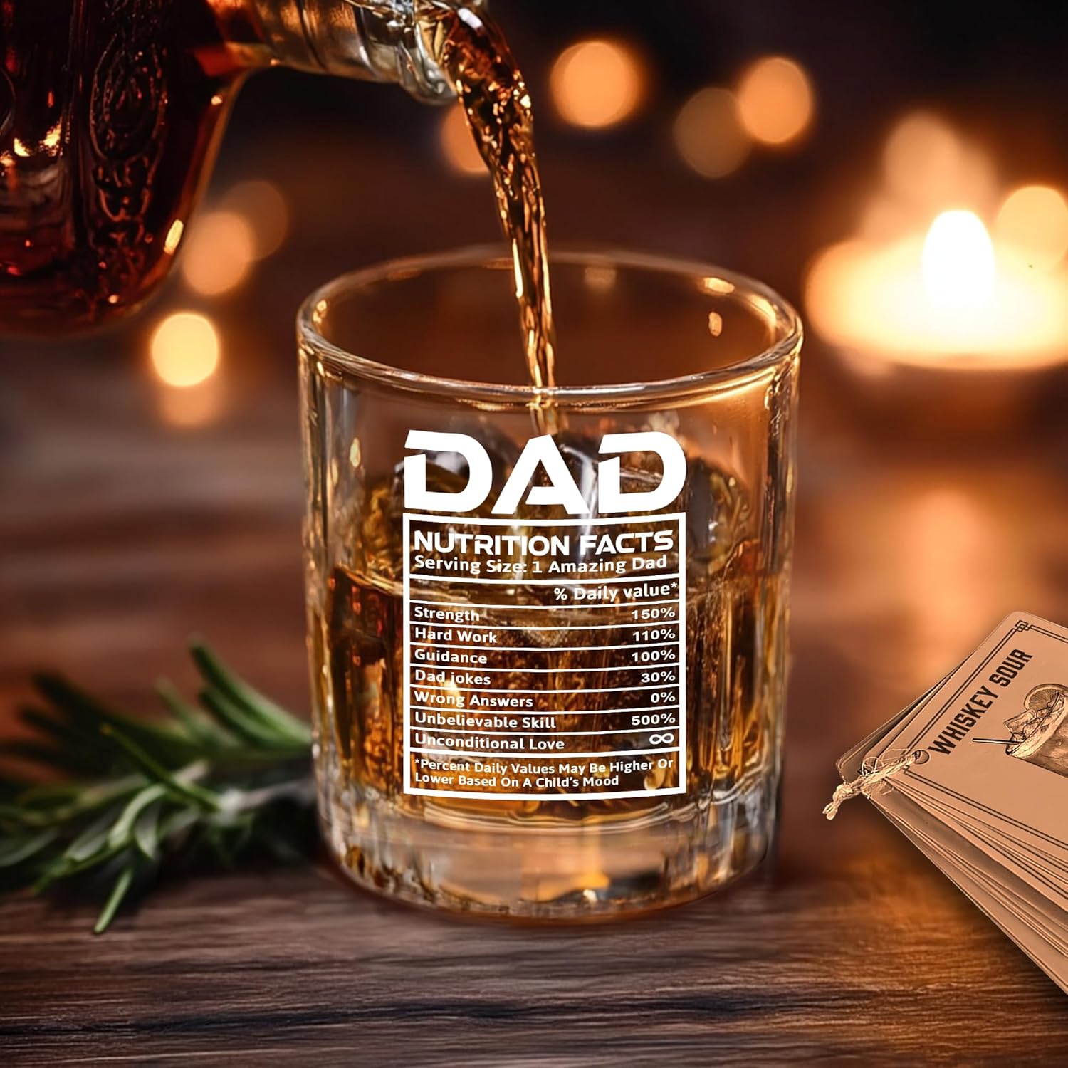 dad Whiskey Glass Gift Set – Funny Dad Nutrition Facts Design – Gifts for Dad from Daughter, Son, Wife – Birthday, Father’s Day, Christmas – Wooden Box, Coaster, Recipe Cards - Image 6