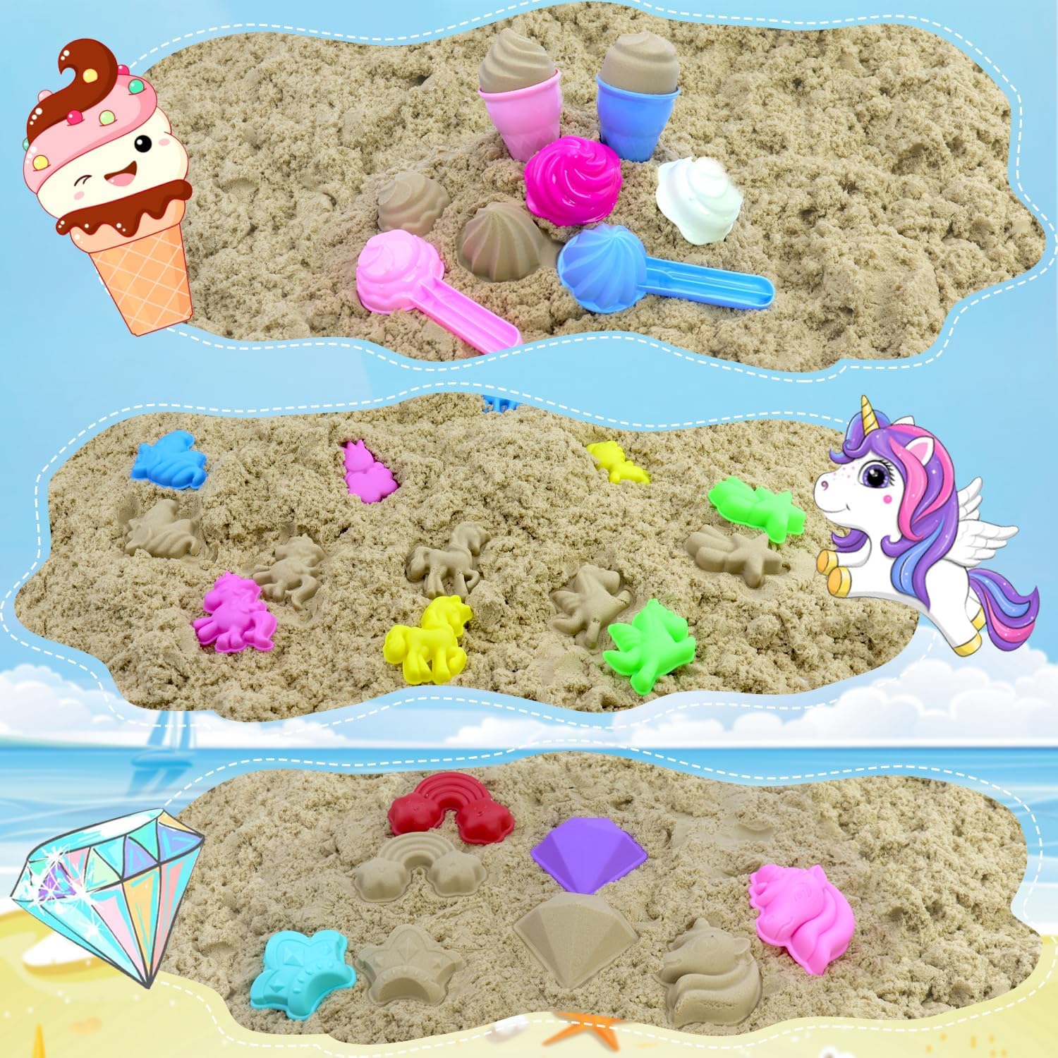 Collapsible Beach Toys Set for Kids 3-5|22 PCS Ice Cream Sand Toys with Collapsible Beach Bucket|Unicorn Sand Mold|Strawberry Ice Cream Cart|Mesh Bag|Sand Sandbox|Trave Beach Toys for Toddlers Girls