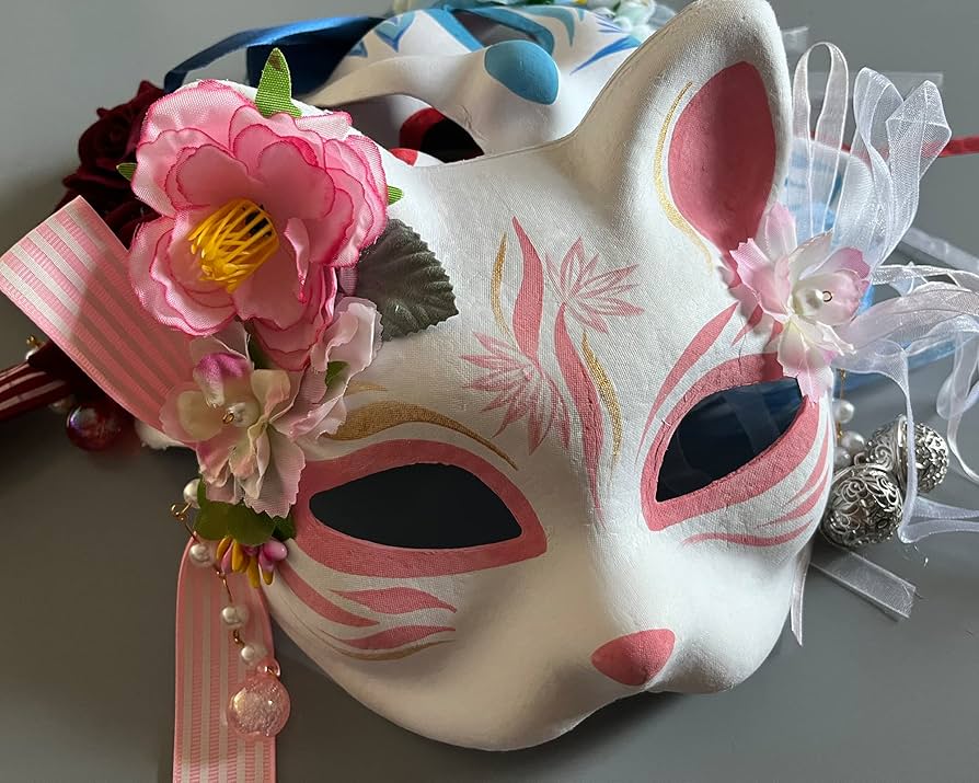 お面　ドクロ　花　被り物　コスプレ　LED付き　手作り コスプレ きつね お面 花鳥風月 きつね面 白 黒耳 レディース