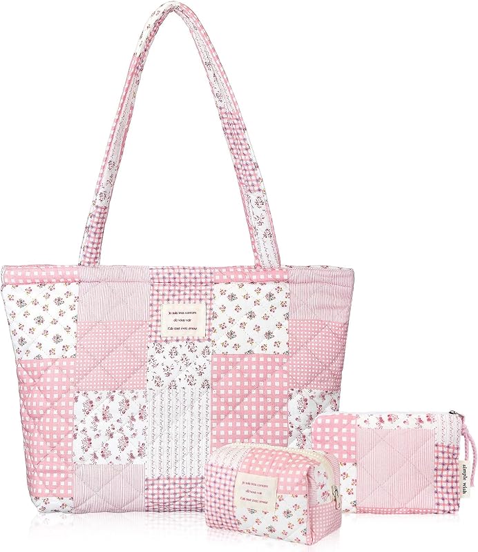Tallew Conjunto com 3 bolsas de algodão matelassê com estampa floral, rosa, Flower & Patch