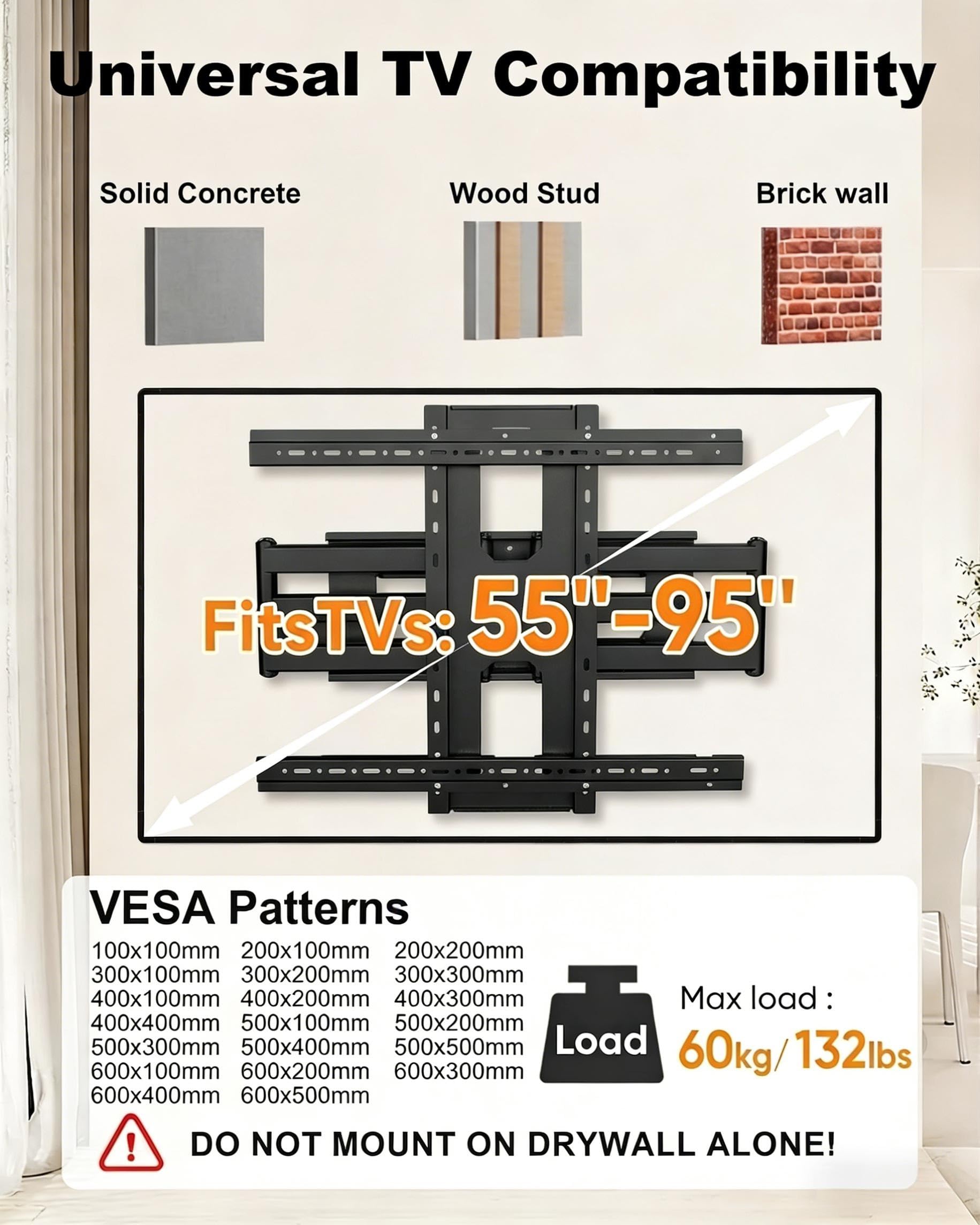 Soporte vertical de pared para TV, brazo giratorio inclinable, se adapta a la mayoría de soportes de pantalla LED LCD de 55 a 95 pulgadas, HP-DY5595XZ
