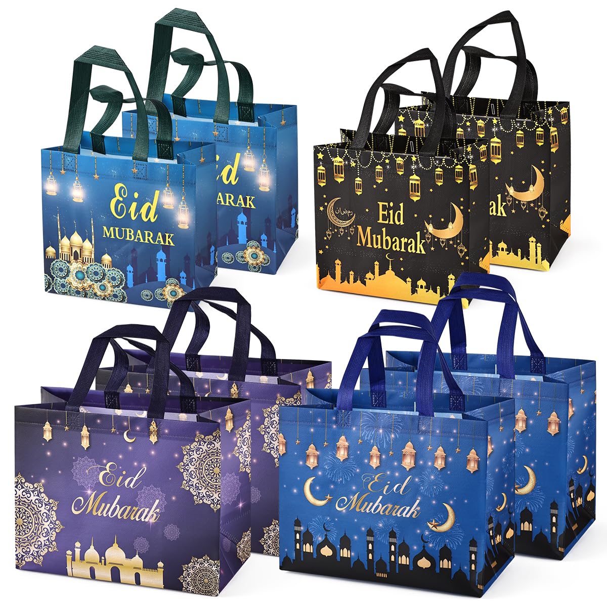 PARSUP 8PCS Eid Mubarak Reusable Gift Bags, Assorted Sizes Treat Bags with Handles, Eid Mubarak Party Bags, Multifunctional Non-Woven Eid Bags for Gifts Wrapping, Eid Party Supplies, Inches