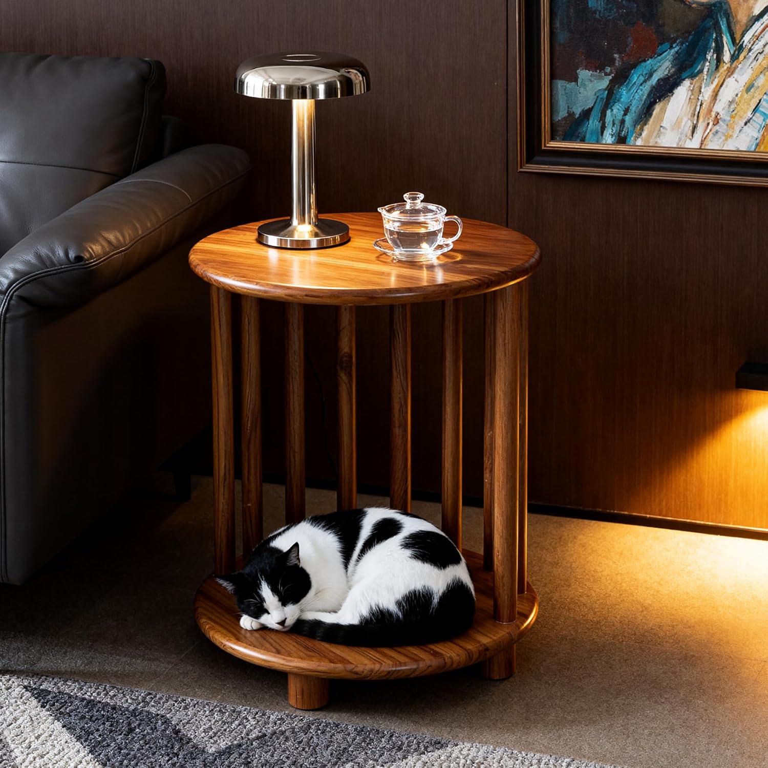 Round Teak End Table with Storage, Nightstand Sofa Side Table for Living Room Indoor/Outdoor Use, Accent Coffee Table for Patio Balcony Wooden Furniture