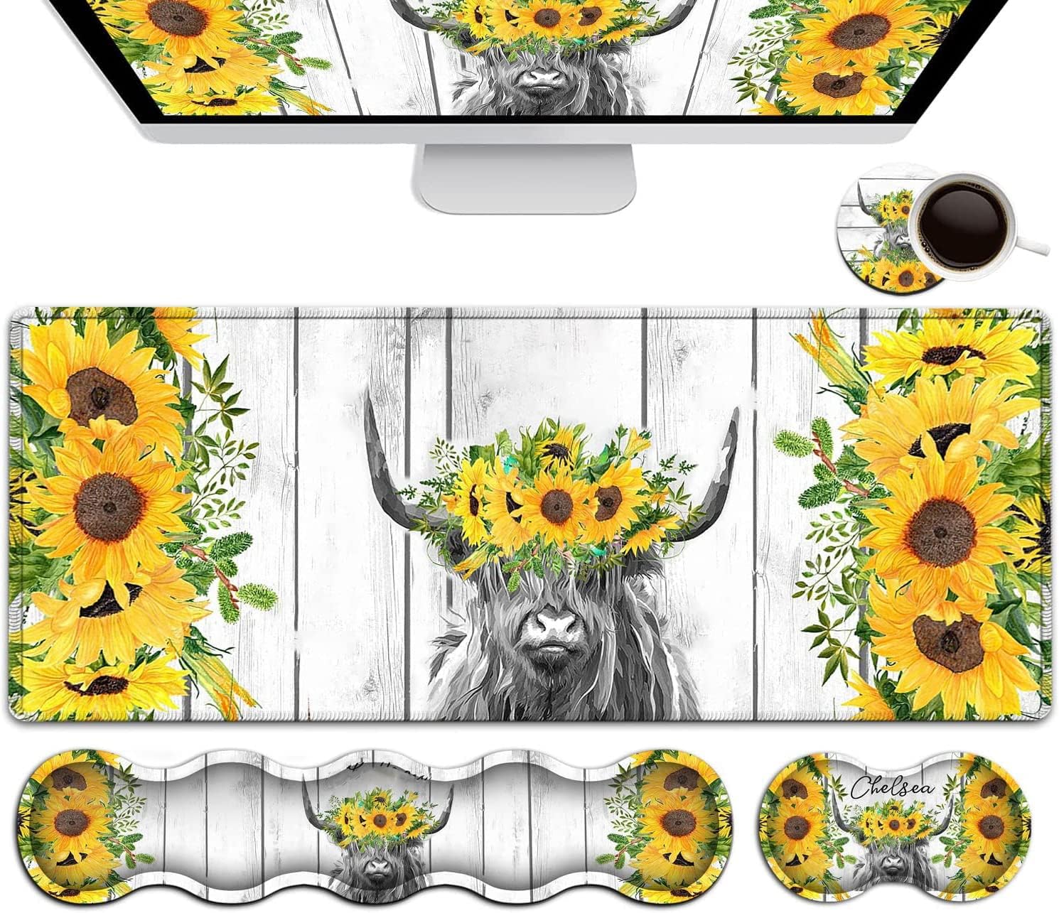 Large White Mouse Pad, Gaming Mouse Pad Memory Foam Keyboard Wrist Rest, Extended Office Desk Mat, Office Desk Pad with Stitched Edges, Laptop Desk Table Protector, Cute Cow & Sunflowers Writing Mat