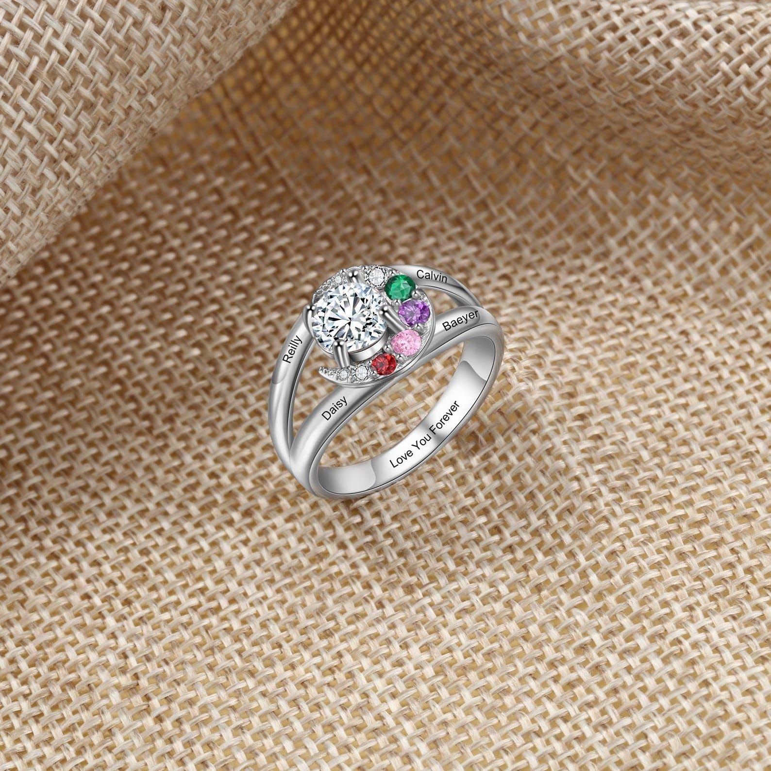 Anillo de Navidad personalizado para las mujeres 925 de plata de ley familia Anillo de Navidad Madres Nombre grabado Día de la madre