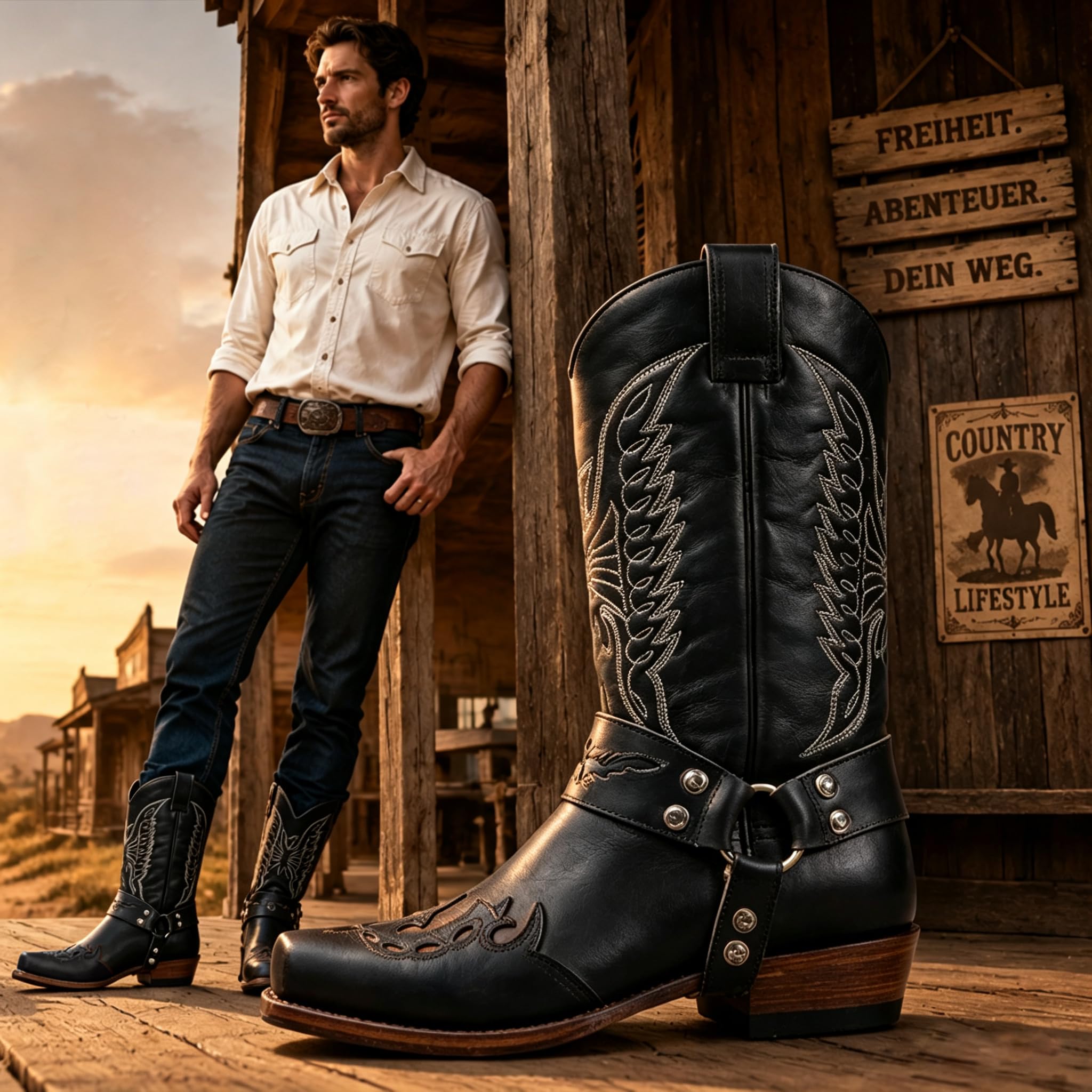 Generisch Cowboystiefel Herren Damen Leder, Cowboyboots Westernstiefel Cowboy Stiefel Klassisch Mittelalter Schuhe Winter Reitstiefel Cow Boy Western Stiefeletten Hoch Lederstiefel Festival