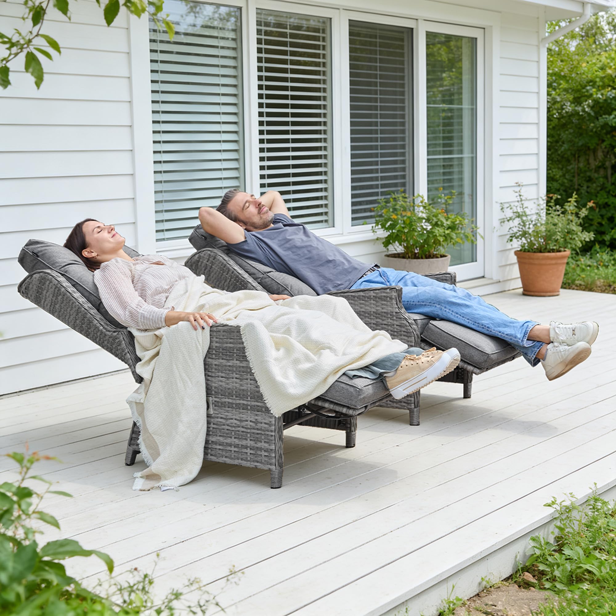 COMLAX FIELD Gartensessel mit Liegefunktion Wetterfest, Relaxsessel Verstellbar, Relaxliege für Innen, Gartenliege und Loungesessel aus Rattan, Dunkelgrau