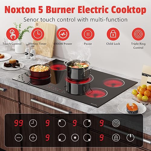 Miniatura 2 de Noxton Estufa eléctrica de 30 pulgadas, estufa eléctrica de 5 quemadores, placa de cerámica de 30 pulgadas, triple anillo, pausa, temporizador,