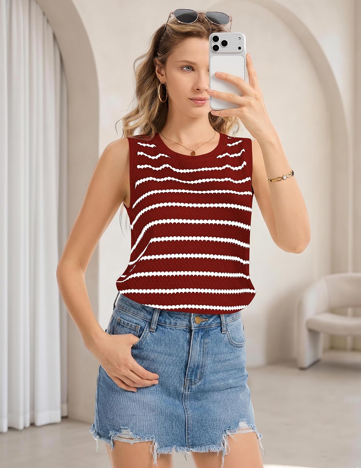 Women Sweater Vest Tank Top Crochet Striped Sleeveless Tops Round Neck Lightweight Knit Casual Loose Cami Shirt