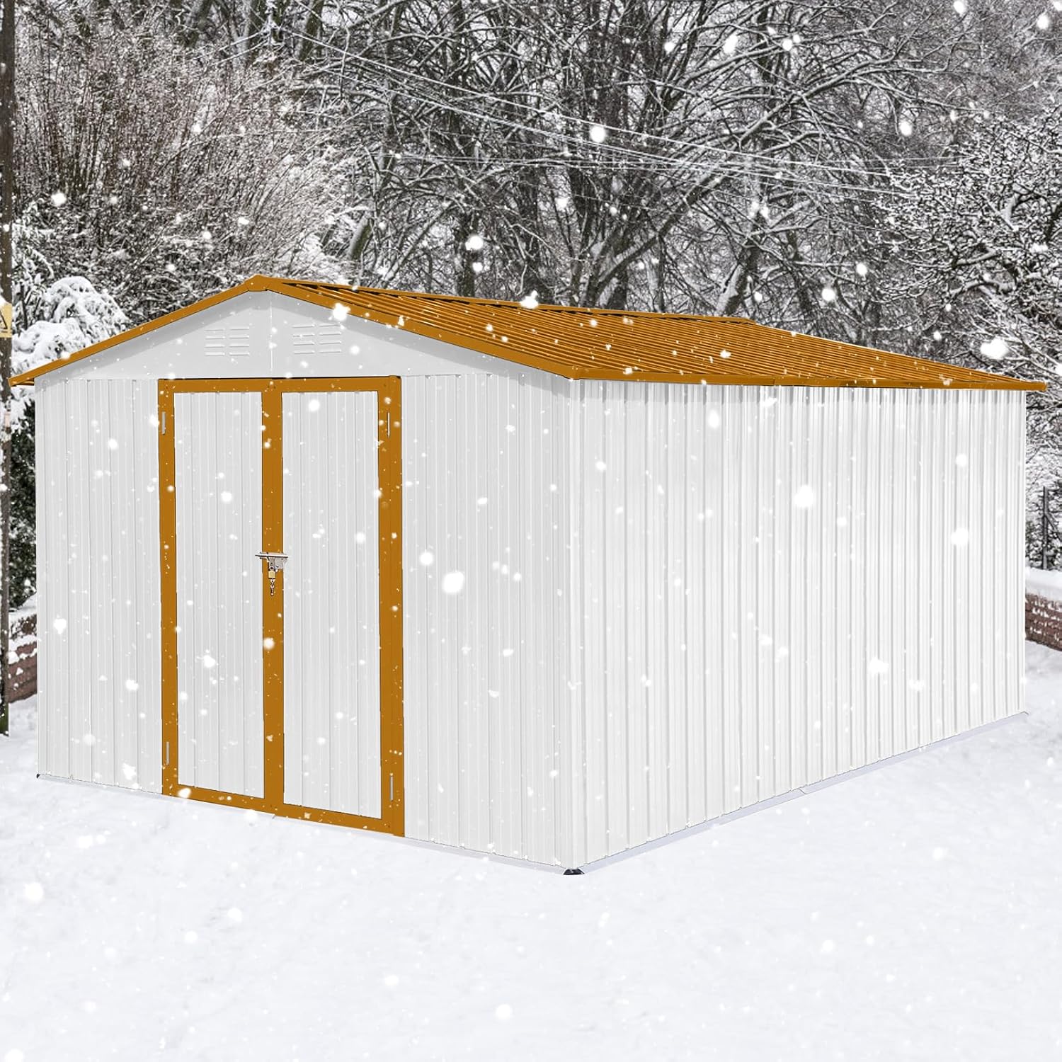 Outdoor Storage Shed, 12x10 FT All-Weather Metal Shed with Apex Roof, Hinged Door, Heavy-Duty Lock & Air Vents for Patio Garden Lawn Backyard, Tool Storage & Organization, White & Yellow