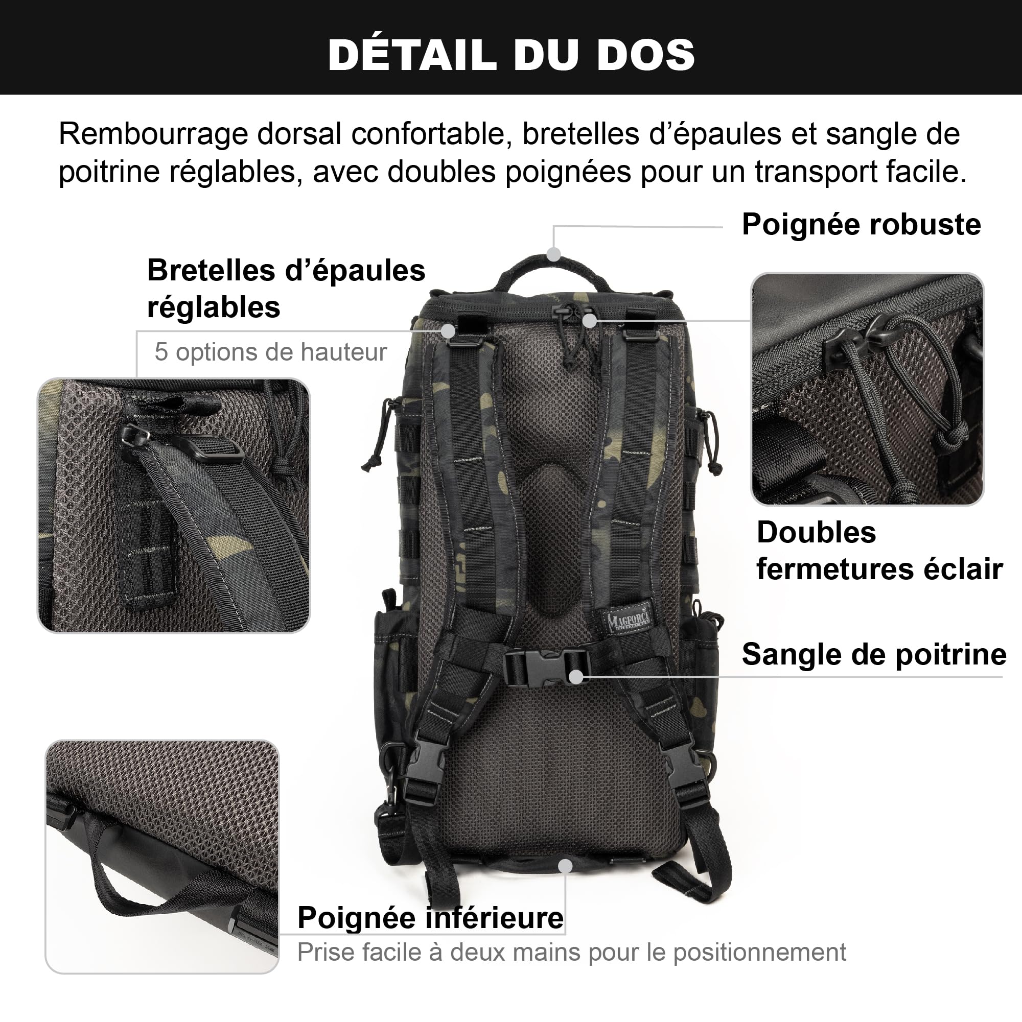 Magforce Raider Sac à Dos Tactique Militaire Molle Nylon balistique Grande capacité léger Compressible Multi-Poches extérieur Ordinateur Portable Noir Mat