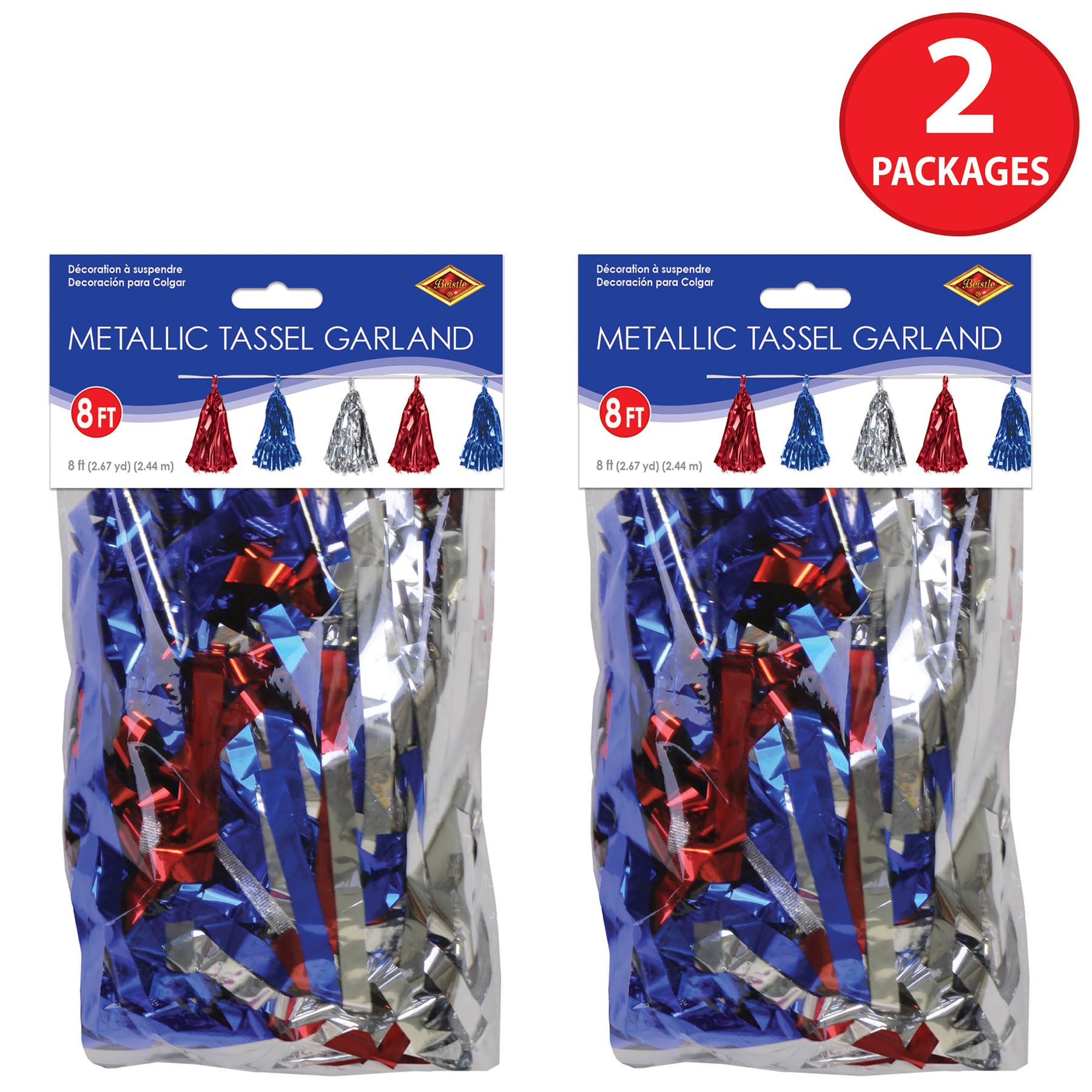 Beistle 59927-RSB, 2 Stück metallische Quasten-Girlanden, 24,8 cm x 2,3 m, Rot/Silber/Blau
