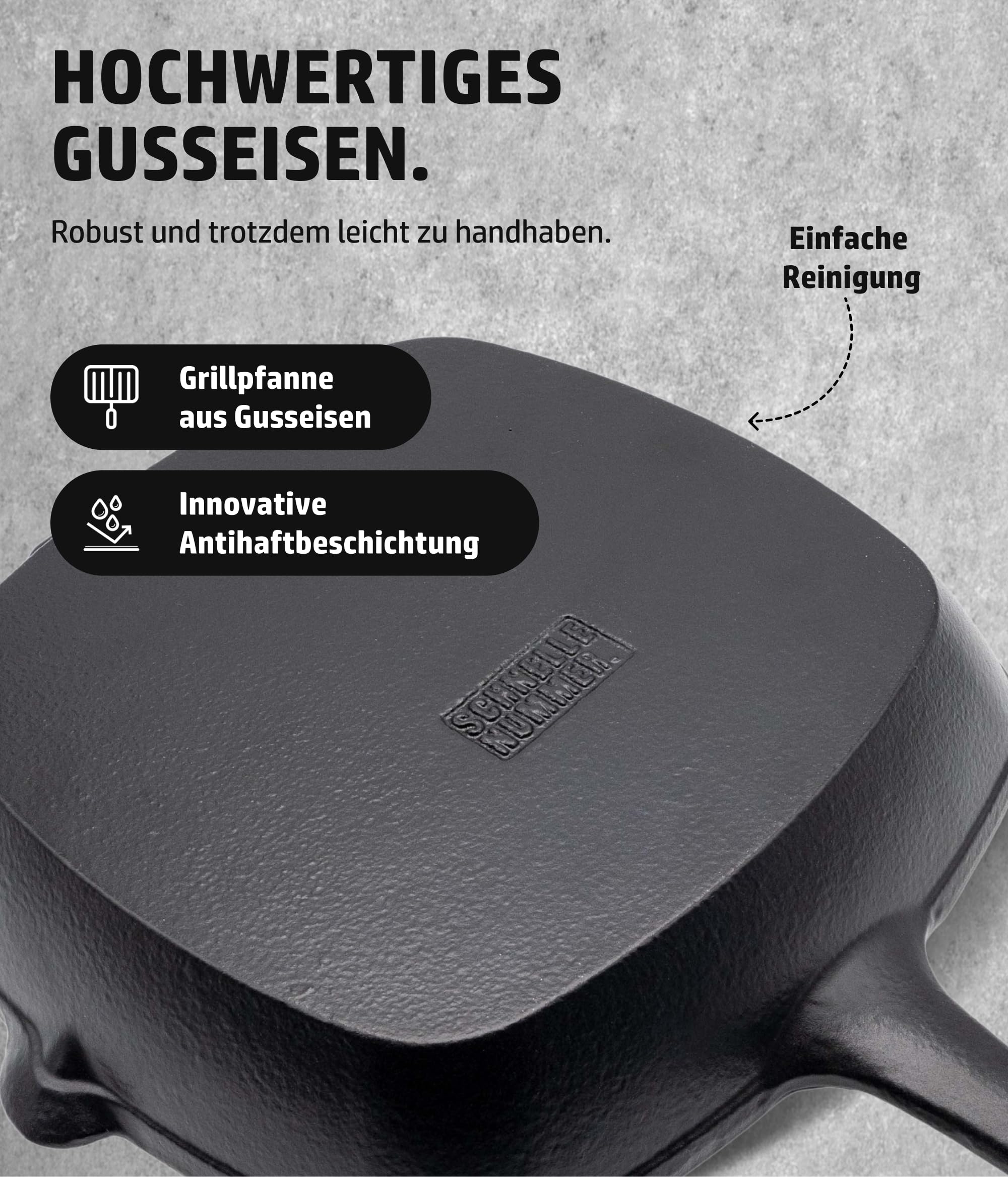 HENSSLERS® Grillpfanne Gusseisen [26cm] - Grill Pfanne für alle Herdarten & Backöfen inkl. Gasgrill & Induktionsherd - Beschichtete Antihaft Steakpfanne - Viereckige Induktion Gusspfannen für Grill