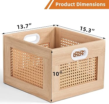 LELELINKY 2 Pack Vinyl Record Storage Crates, Rattan Vinyl Record Holder with Handle, Natural Wood Record Crate for Vinyls Holder up to 75 LP's, Desktop Cube Album Storage for Vinyls Records