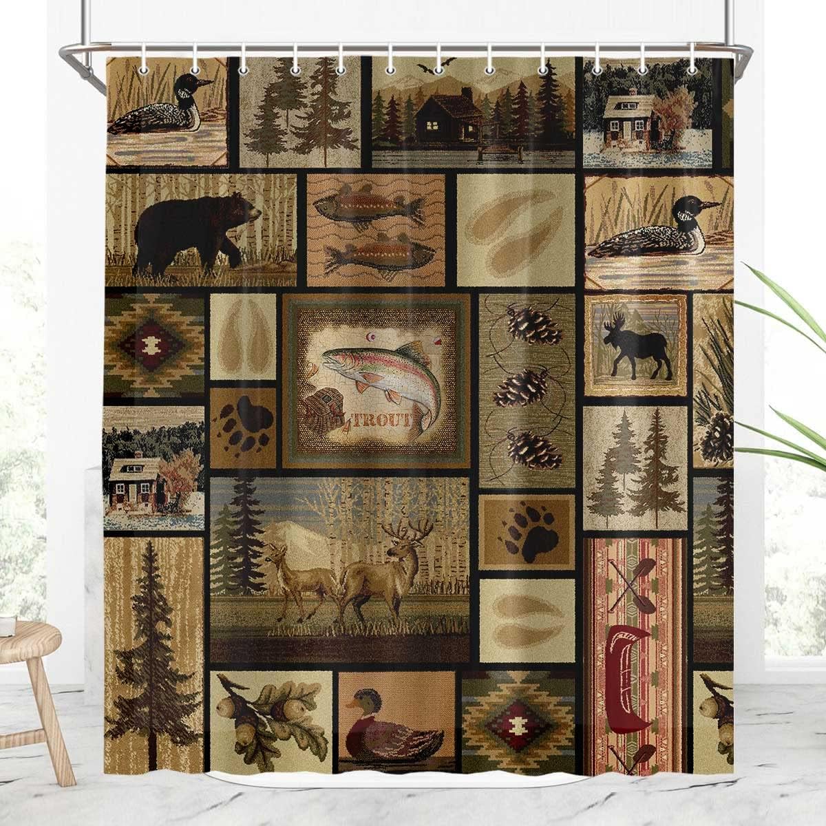Rustic Farm Shower Curtain, Retro Bear Moose Lodge Vintage Farmhouse Shower Curtain Sets, Wild Duck Leaves Mountain Hill Retro Decor Barhroom Curtain with Hooks, 72''X84''