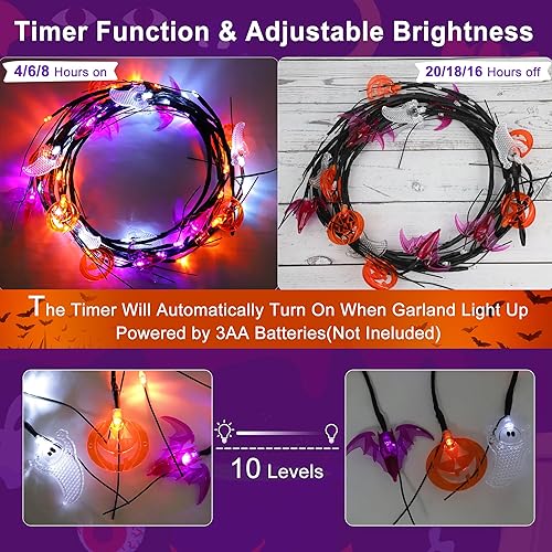 Miniatura 5 de Temporizador guirnalda de decoraciones de Halloween de 6 pies con luces de fantasma, murciélago y calabaza, 8 modos, impermeable, funciona con