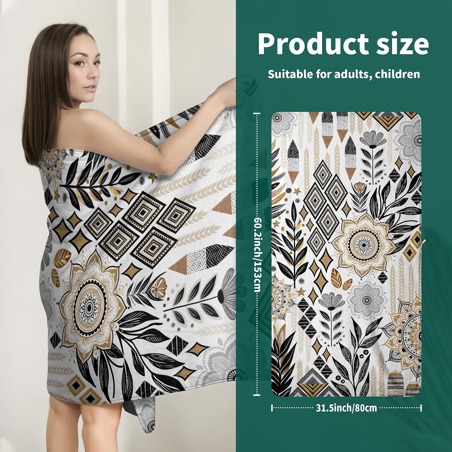 Thick Microfiber Bath Towel Fleece Absorbent Towel for Bathroom Spa Pool Decor - Boho Mid Century Floral Design image 3
