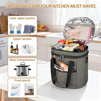 LUXJA Oval Insulated Slow Cooker Bag Compatible with 3 Quart CrockPot, Gray