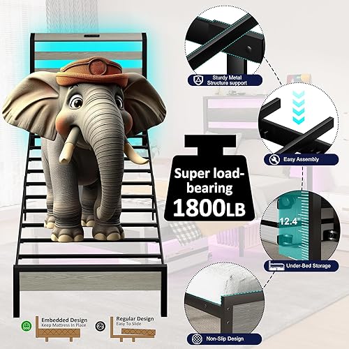 Miniatura 3 de Marco de cama individual con luces LED y estación de carga, cama de plataforma de metal con cabecero, listones de metal resistentes, no necesita